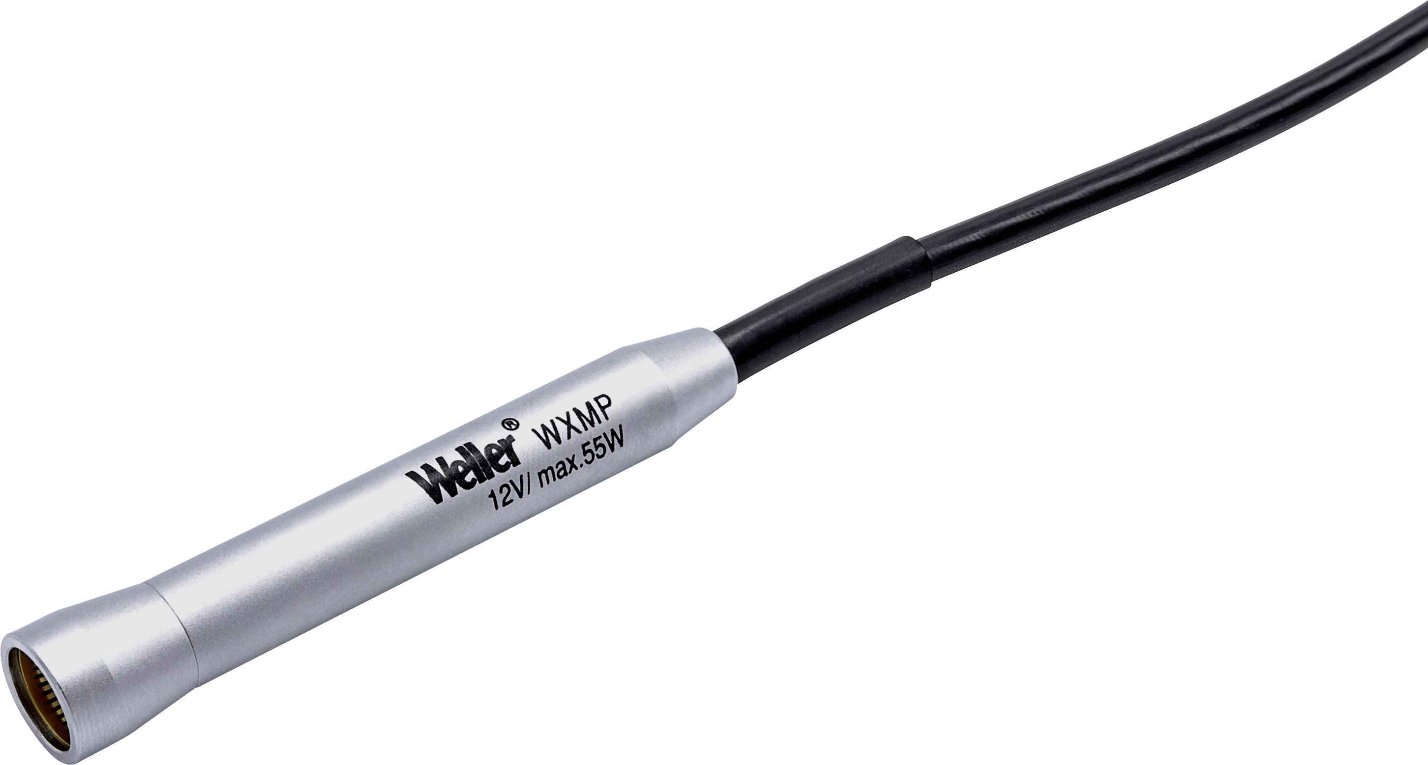 Lötkolben, silbern, mit schwarzem Kabel. Markiert mit 'Weller WXMP 12V max 55W'.