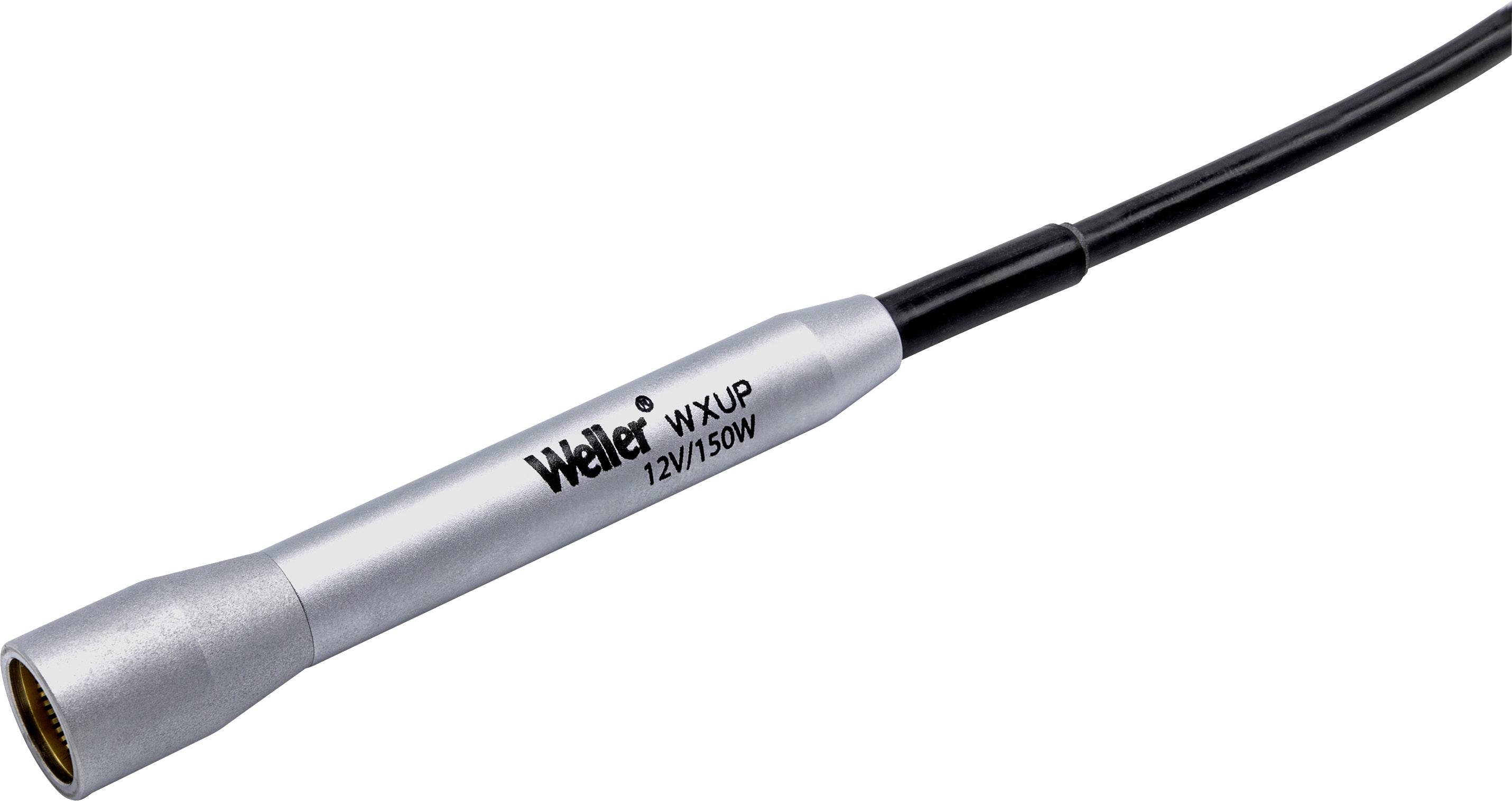 Ein silbernes elektronisches Werkzeug mit der Aufschrift 'Weller WXUP 12V/50W', an ein schwarzes Kabel angeschlossen.