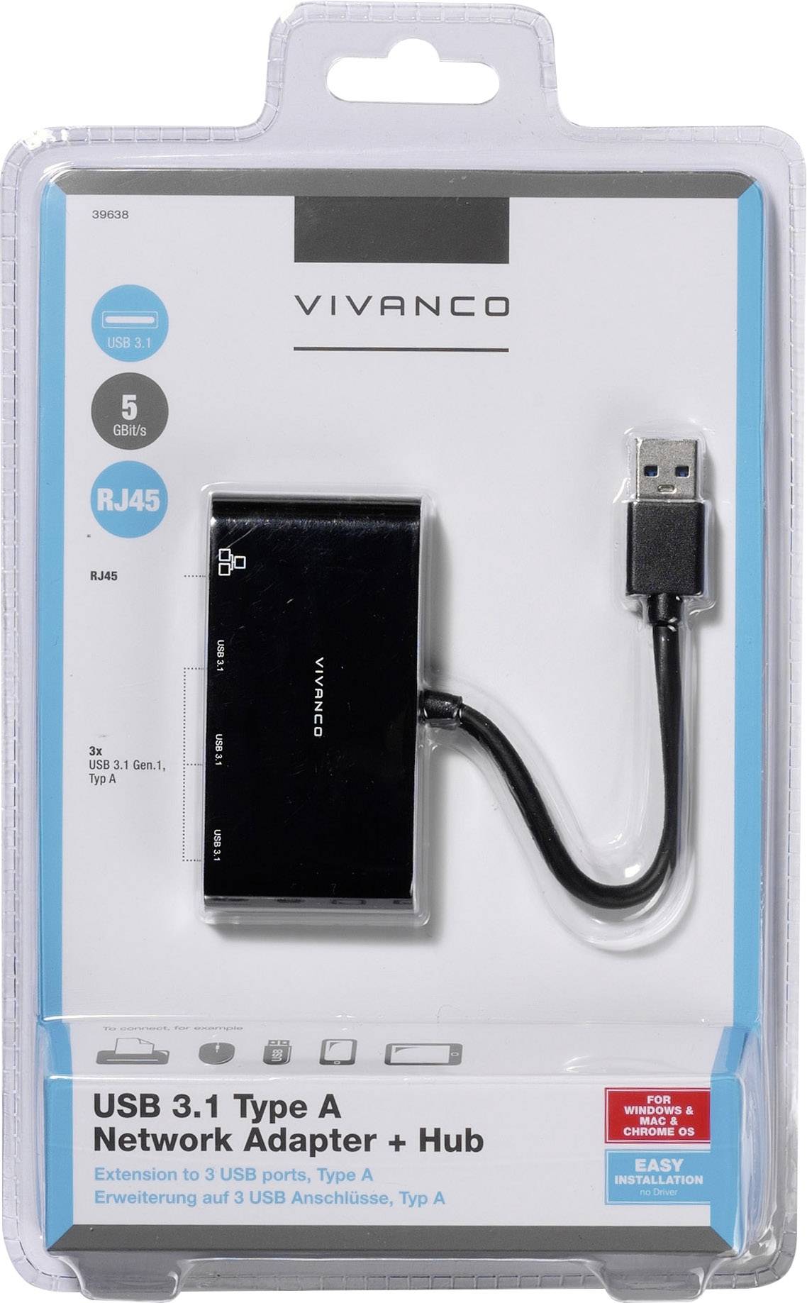 Vivanco USB 3.2 Gen 1 (USB 3.0) Adapter [4x RJ45-Buchse, USB 3.2 Gen 1 Buchse A (USB 3.0) - 1x USB 3.2 Gen 2 Stecker A​