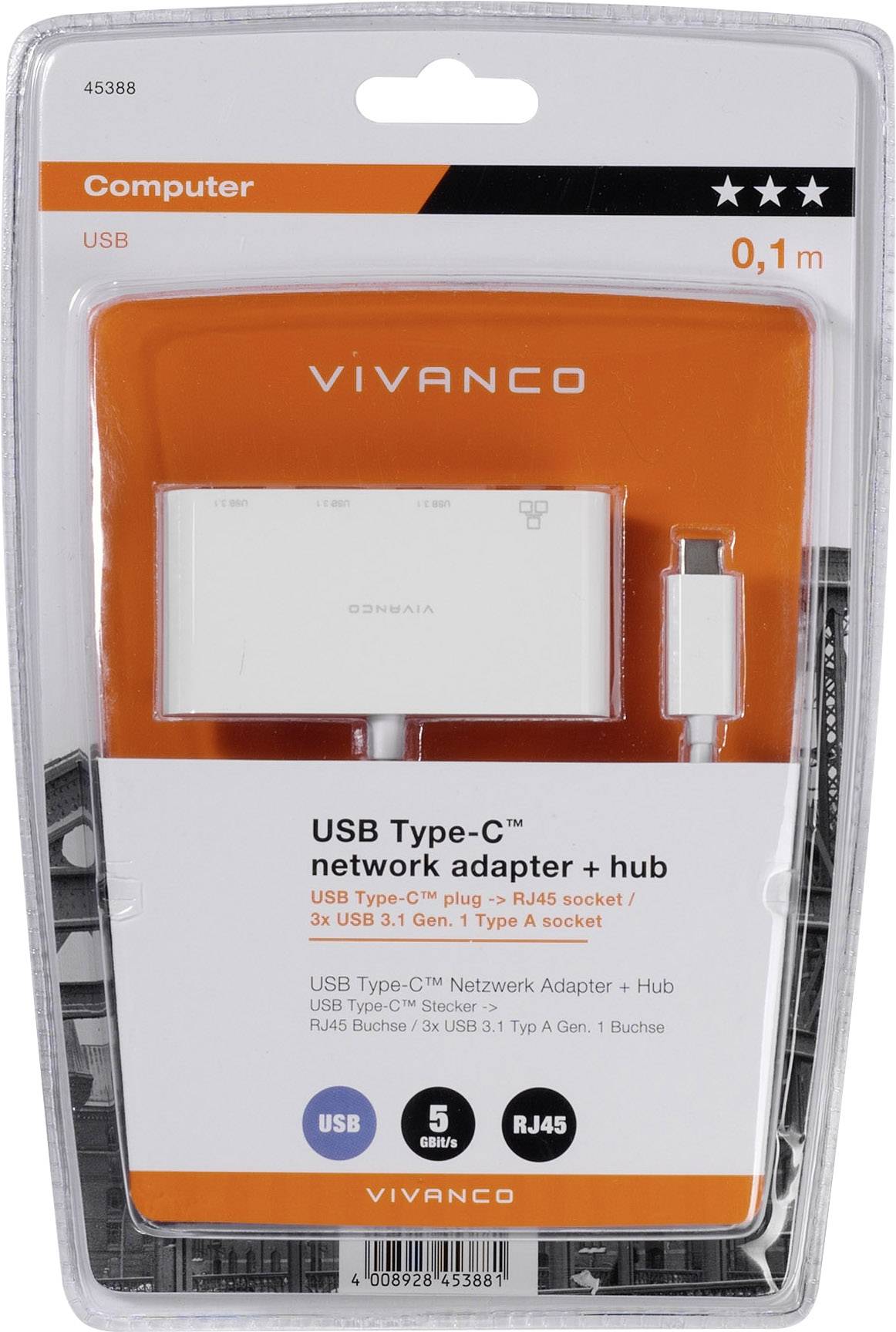 Vivanco 45388 USB-Hub 5 GBit/s Weiß CC UC UA3RJ45