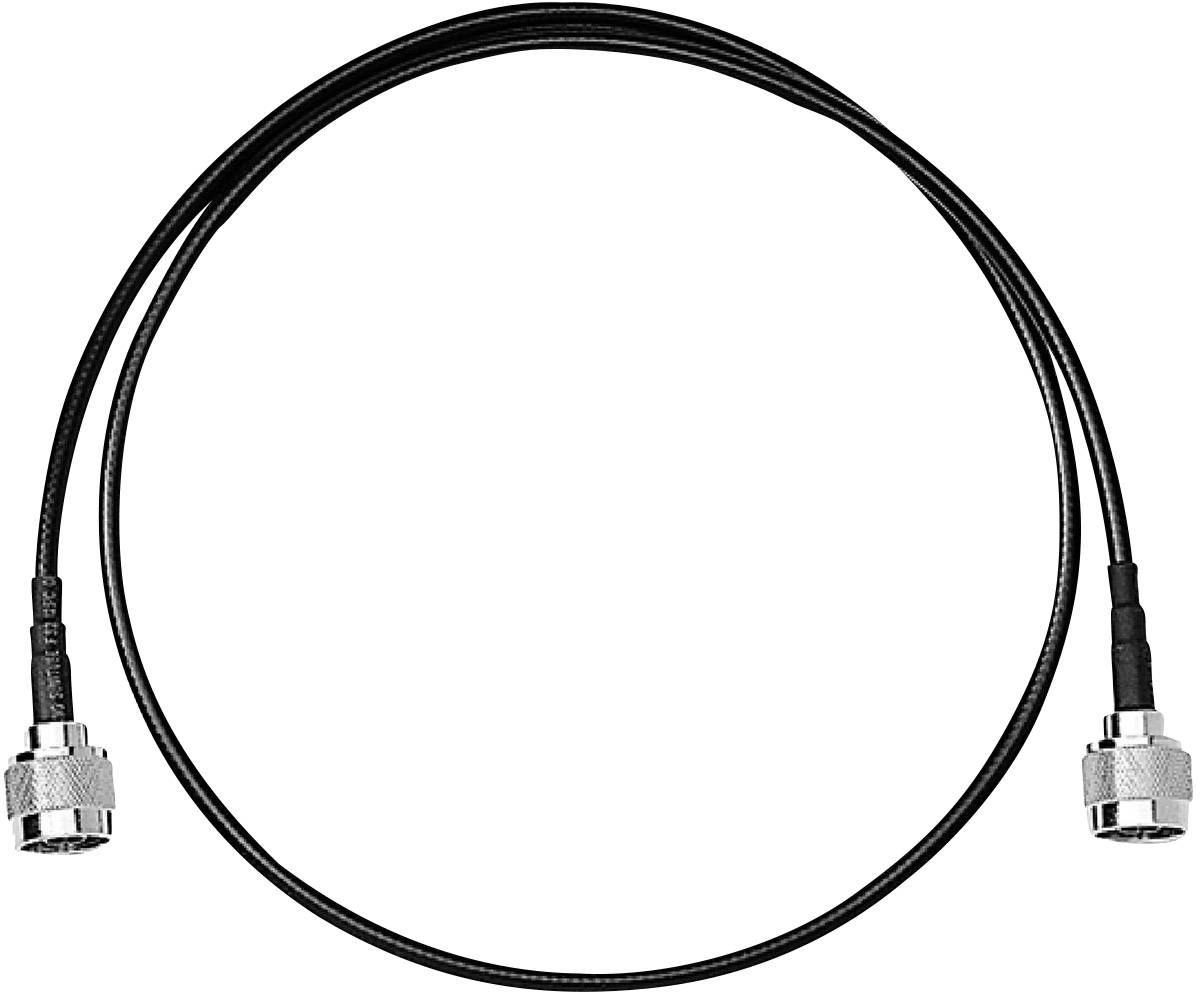 Ein schwarzes Koaxialkabel mit silbernen Steckverbindern an beiden Enden, geeignet für die Daten- oder Signalübertragung.