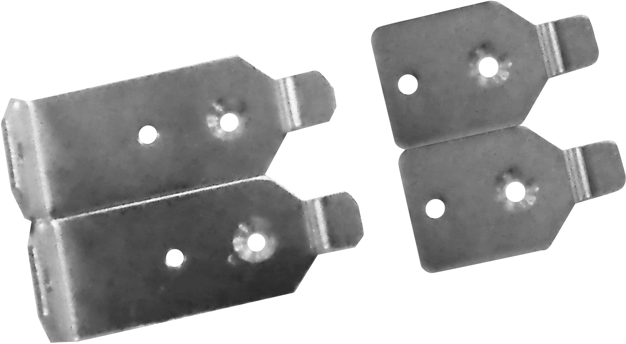 Zwei große und zwei kleine rechteckige Metallplatten mit abgerundeten Ecken und Löchern in der Mitte, möglicherweise für Befestigungszwecke.