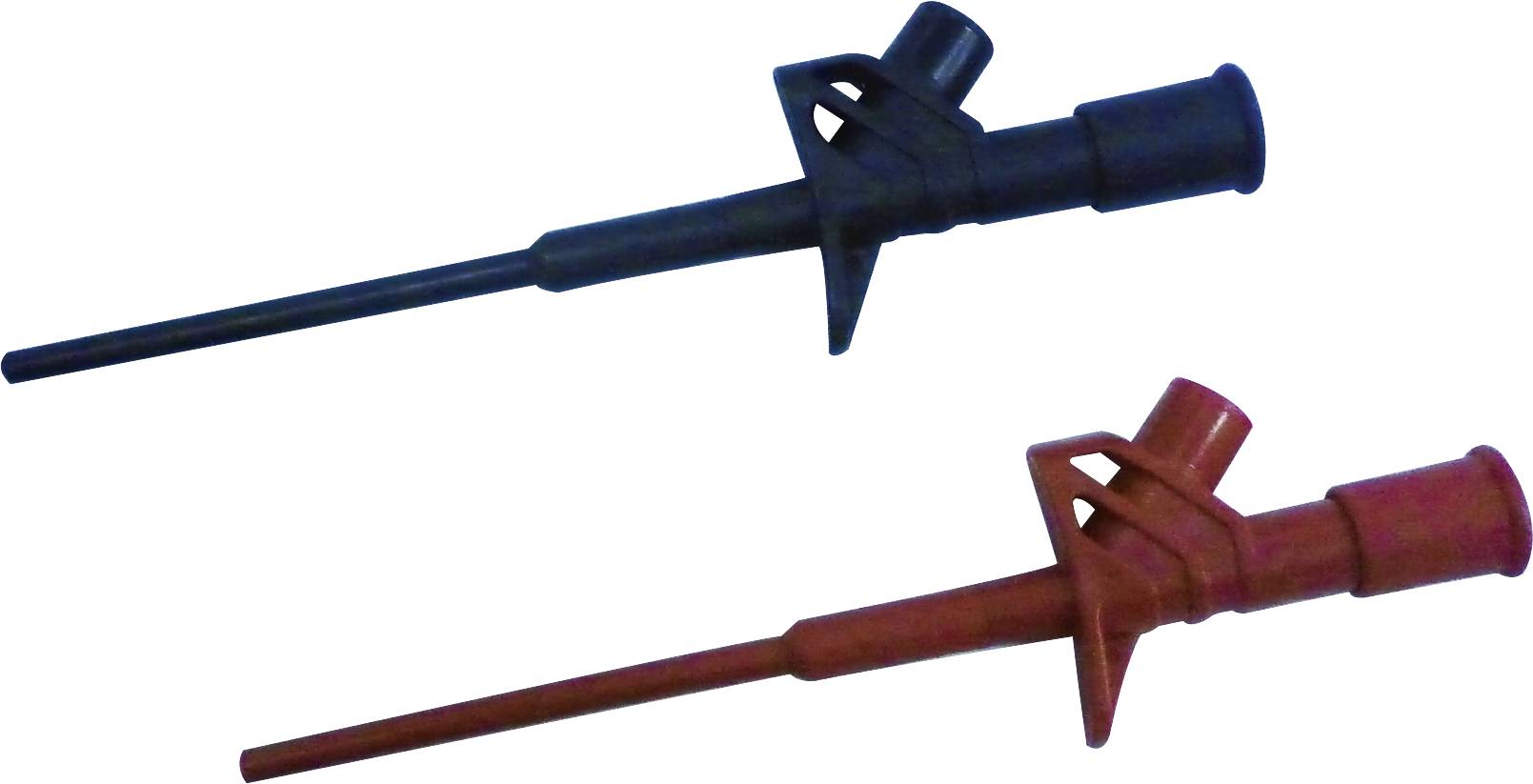 Zwei farbige Laborklammern, eine schwarz und eine rot, jeweils mit Spitzen und Griffen, zur sicheren Befestigung von Kabeln.