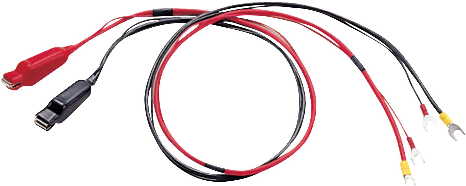 Ein Paar rote und schwarze Stromkabel mit Krokodilklemmen und Kabelschuhen an den Enden, die für elektrische Anschlüsse verwendet werden.