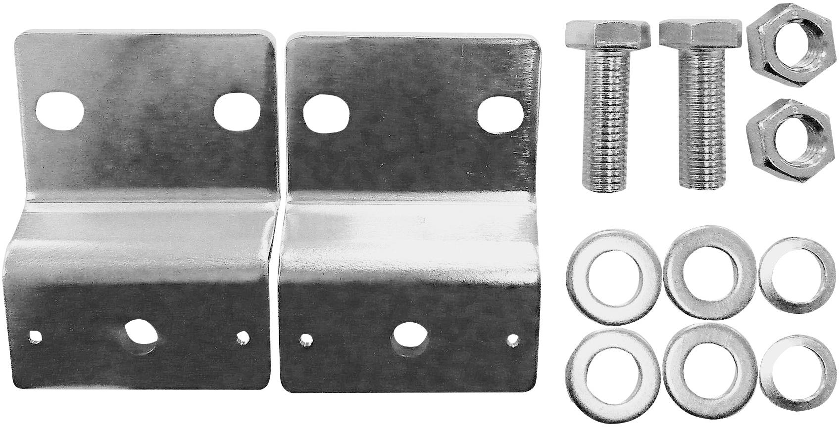 Metallwinkel und Befestigungsteile, darunter Schrauben, Muttern und Unterlegscheiben.