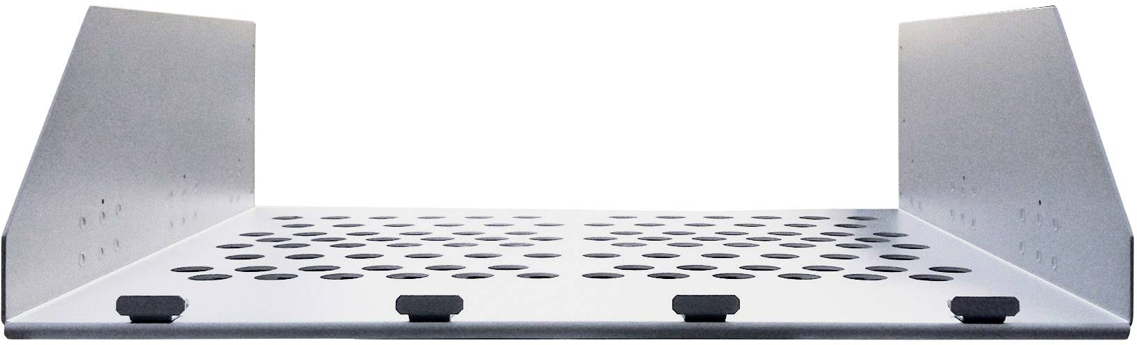 Ein perforiertes Metallregal mit seitlichen Stützplatten. Geeignet zur Belüftung und Lagerung von Gegenständen.