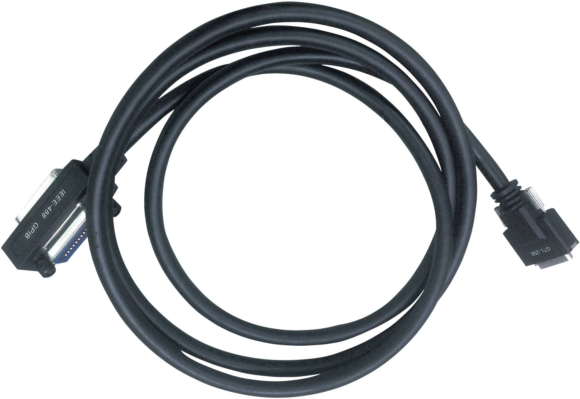 Ein schwarzes Computerkabel mit einem parallelen Anschluss an einem Ende und einem USB-Anschluss am anderen.