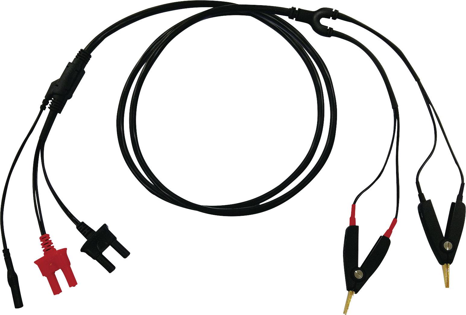 Schwarzes Kabel mit Krokodilklemmen und Steckverbindungen, geeignet für elektrische Tests oder Aufladungen.