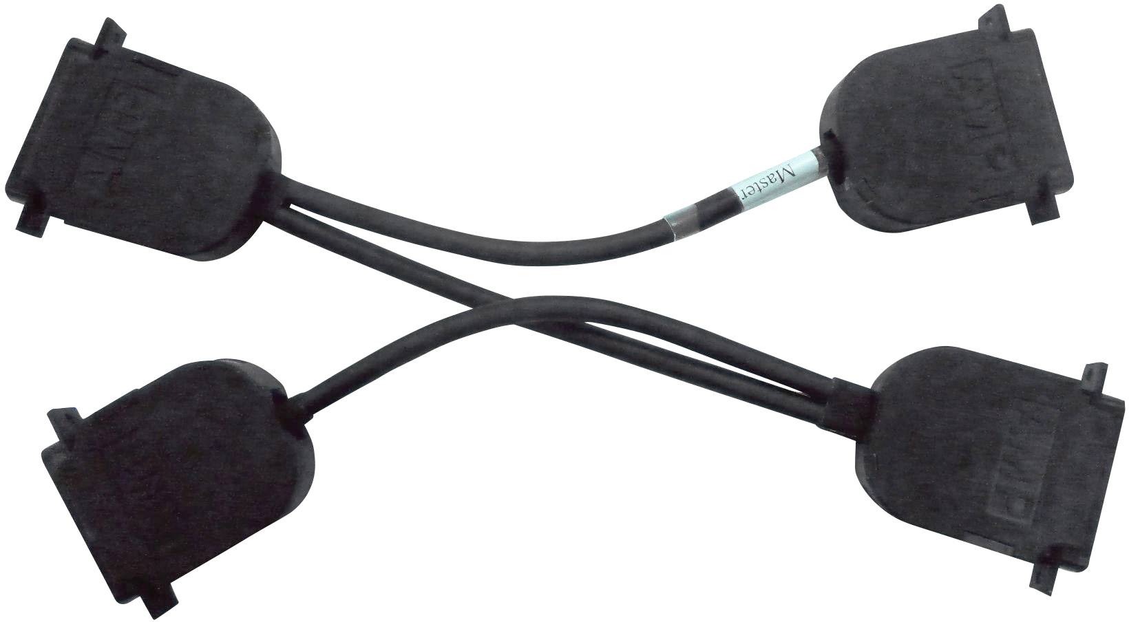 Ein Y-Kabel mit je zwei schwarzen Anschlüssen und einem blauen Aufkleber in der Mitte, auf einer weißen Oberfläche.