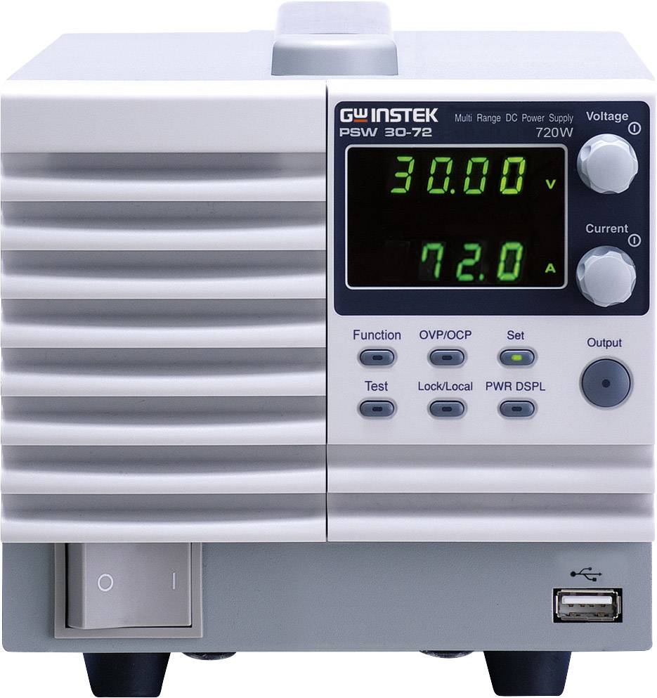 Ein digitales Labornetzteil zeigt auf dem Display die Spannung von 30,00 V und den Strom von 72,0 A. Verschiedene Bedientasten sind sichtbar.