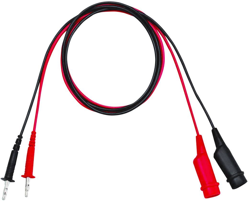 Rotes und schwarzes Messkabel-Set mit Bananensteckern an einem Ende und Sicherheitsbuchsen am anderen Ende.