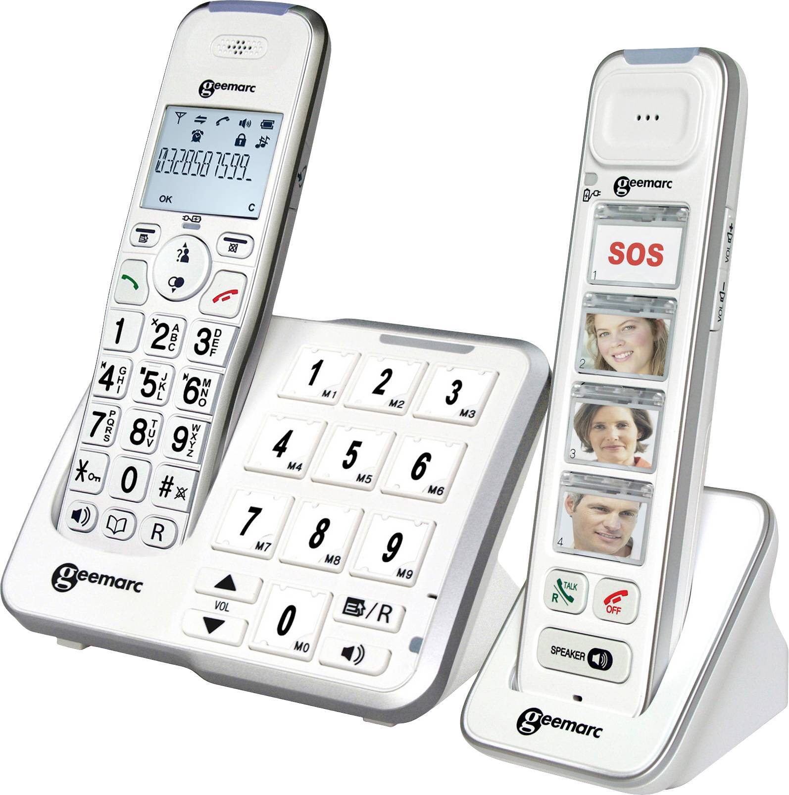 Schnurloses Telefon mit großen Tasten, SOS-Taste und Fotowahltasten zur einfachen Bedienung, auf Ladestation platziert.