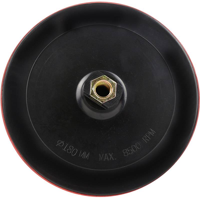 Runde, schwarze Schleifscheibe mit zentraler Metallbefestigung, Aufschrift 'M14 MAX 8500 RPM' auf der Oberfläche.