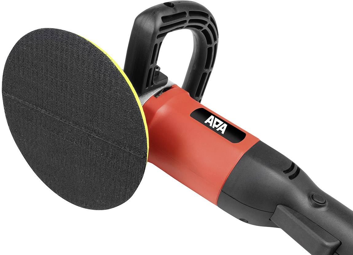 Roter elektrischer Schleifer mit schwarzem Schleifpad und ergonomischem Griff, geeignet für Oberflächenbearbeitung und Polieren.
