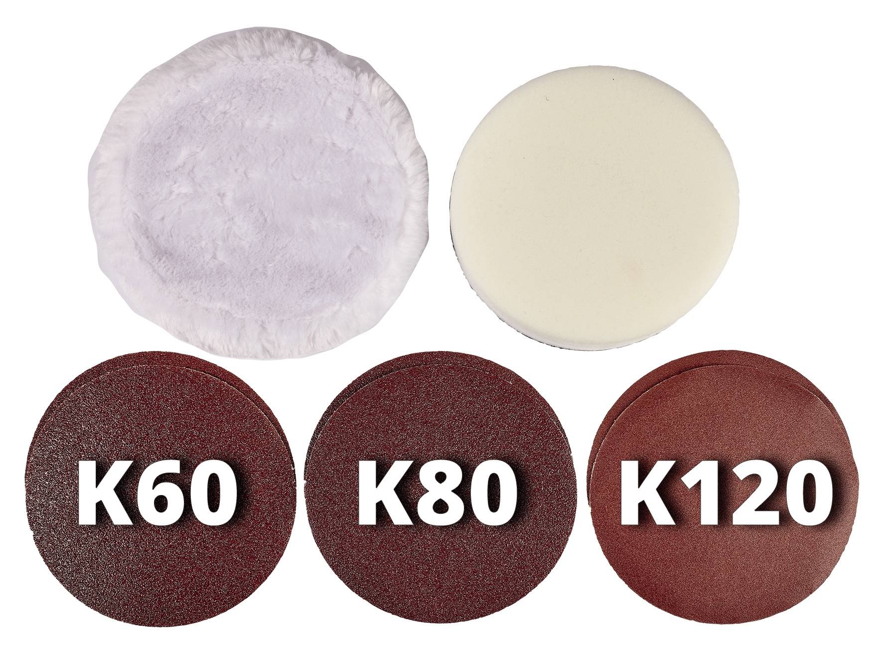 Fünf Schleifpads in verschiedenen Körnungen: zwei weiße Polierpads oben, drei rote Schleifpads mit Aufdruck K60, K80, K120 unten.