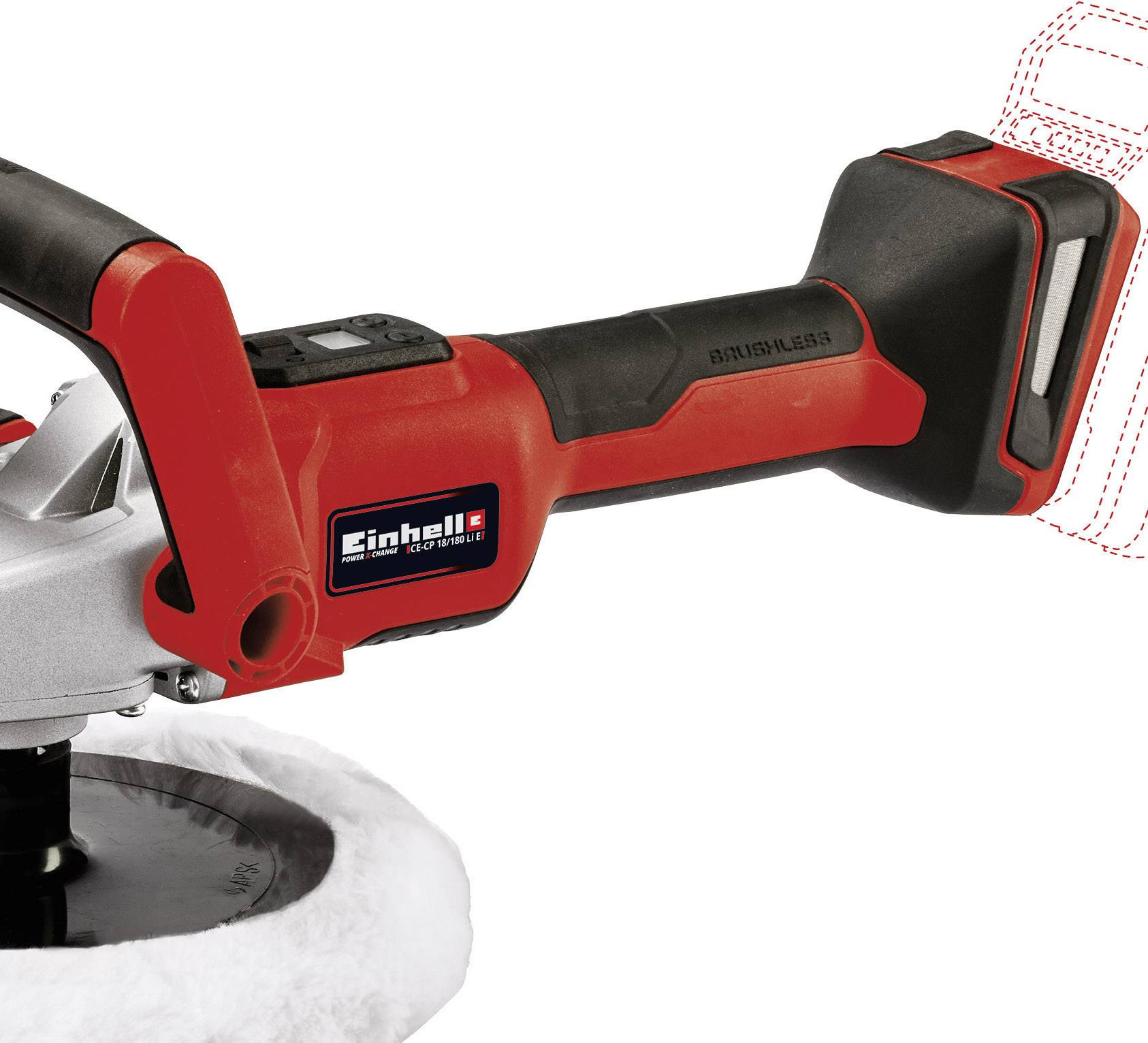 Roter und schwarzer Akku-Polierer, Marke Einhell, mit ergonomischem Griff und eingelegtem Akkufach. Geeignet für Autopolituren.