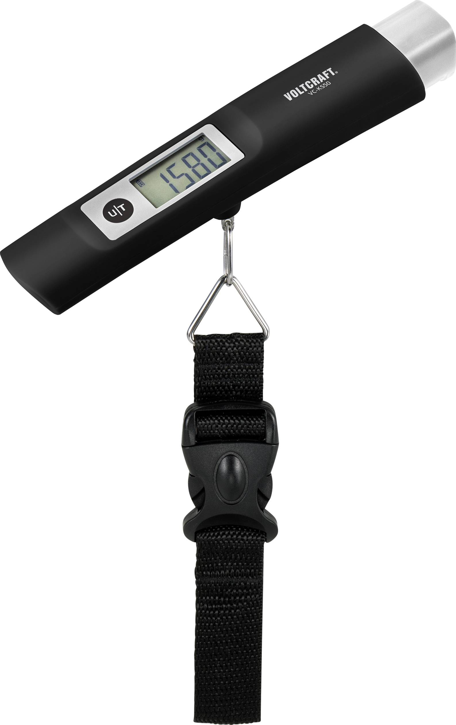 Ein digitales Handheld-Waagegerät zeigt ein Gewicht von 15,68 kg auf einem Display. Es verfügt über einen Aufhängegurt mit Schnalle.