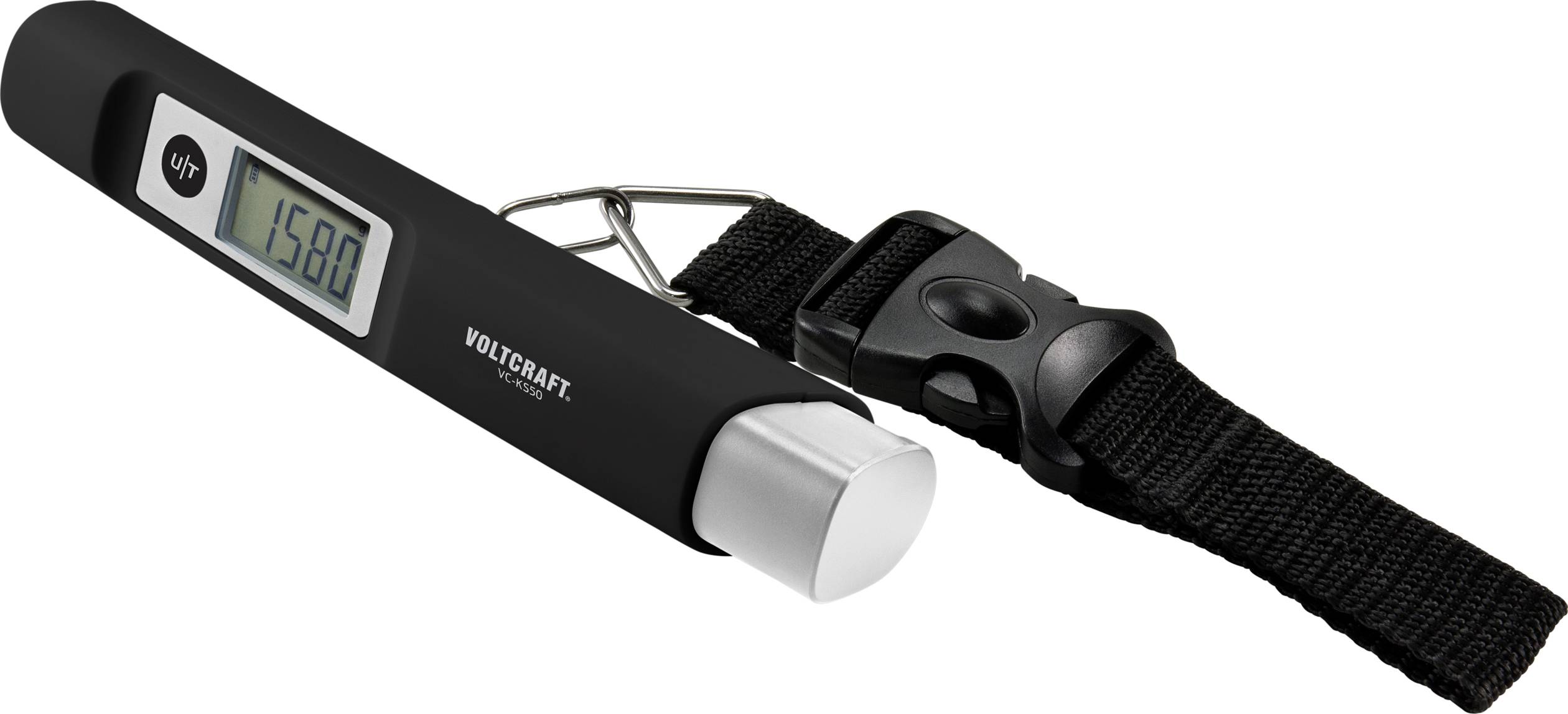 Elektronische Gepäckwaage mit digitalem Display zeigt '1580g'. Schwarzer Gurt mit Schnalle zur Befestigung am Gepäck.