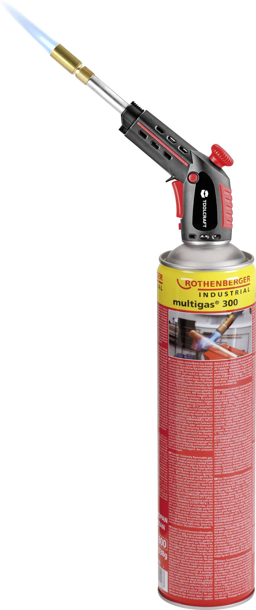 Gasbrenner mit einer blauen Flamme, befestigt an einer roten Gaskartusche der Marke Rothenberger.