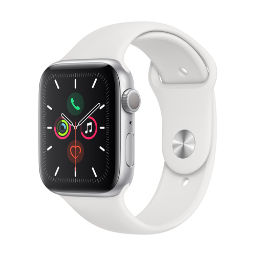 Apple Watch Series 5 GPS 44mm Aluminiumgehäuse Silber Sportarmband Weiß