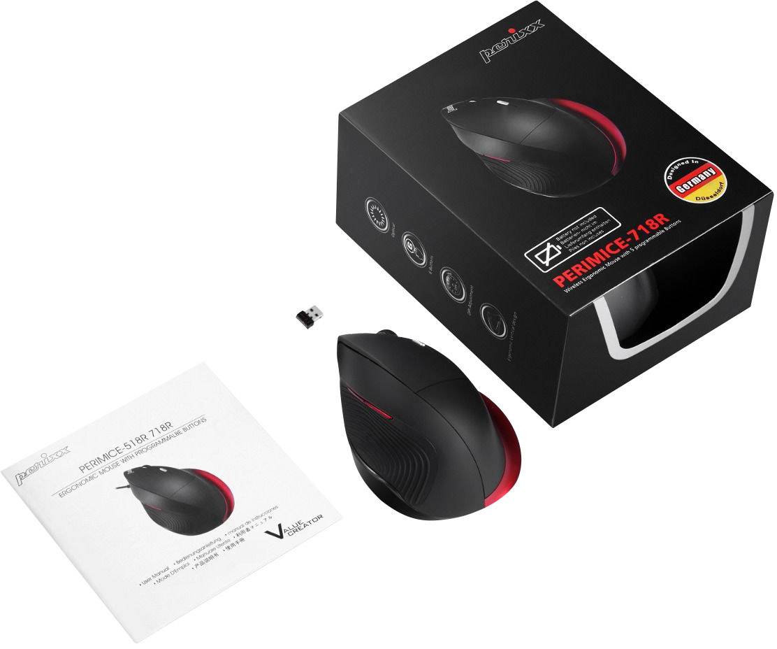 Perixx 718R Kabellose ergonomische Maus Funk Optisch Schwarz, Rot 6 Tasten 1600 dpi Ergonomisch