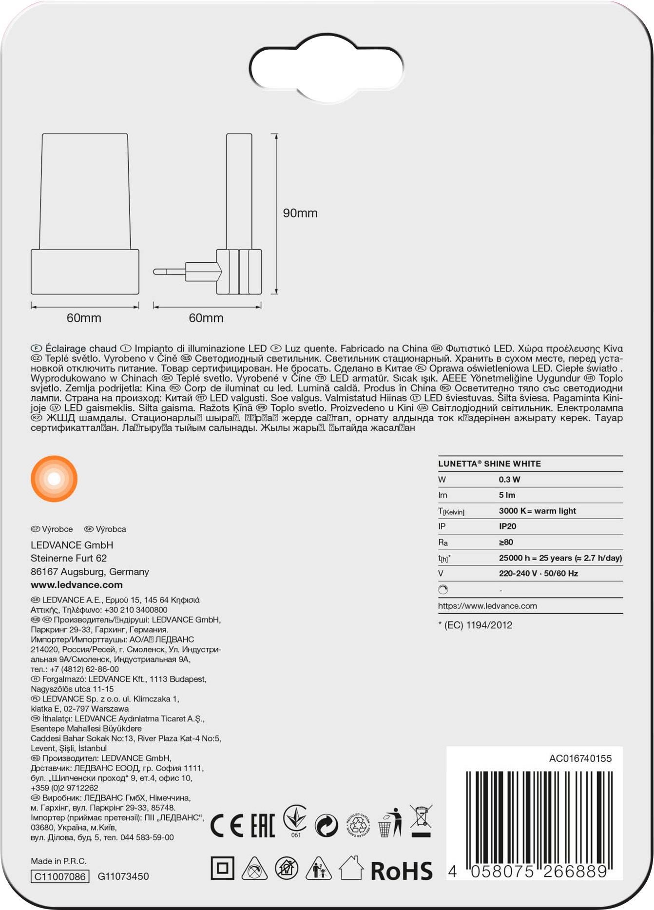 LEDVANCE LUNETTA Shine L 4058075266889 LED-Nachtlicht Rechteckig Warmweiß