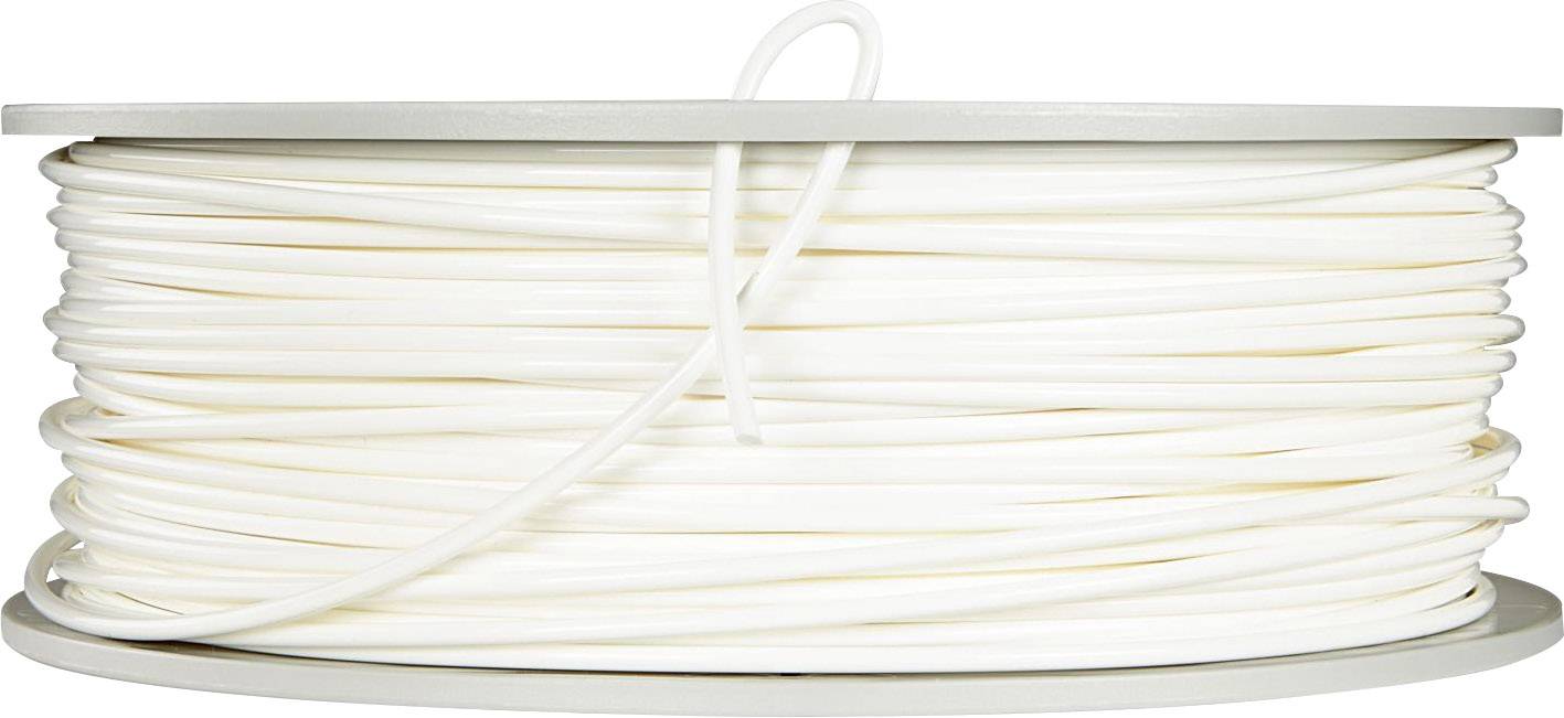 Eine Rolle mit weißem Kabel, dicht aufgewickelt, von der Seite betrachtet.