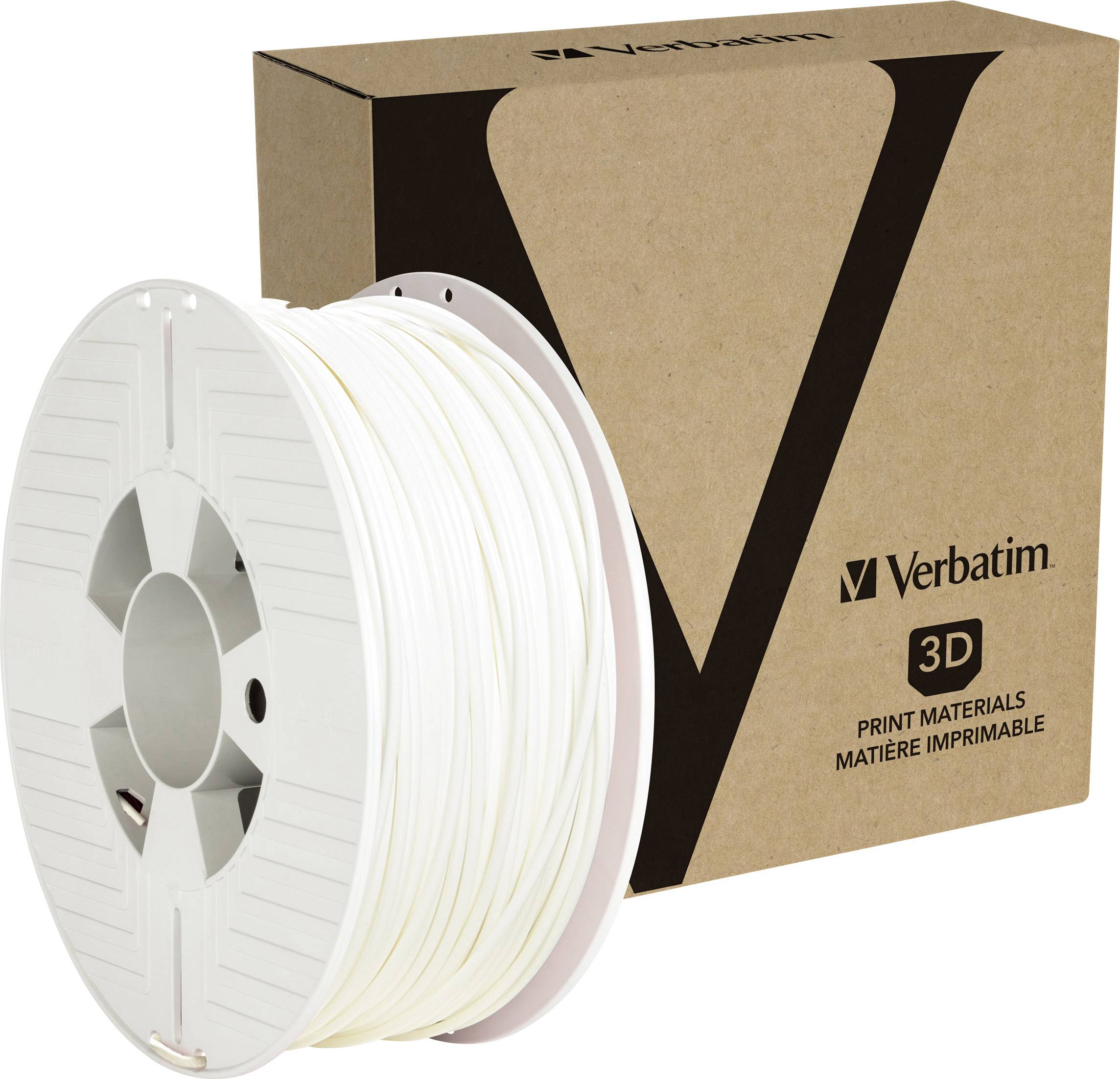 Eine Rolle weißes 3D-Druckmaterial von Verbatim, neben der dazugehörigen Verpackung mit großem 'V'-Logo und Aufschrift '3D Print Materials'.