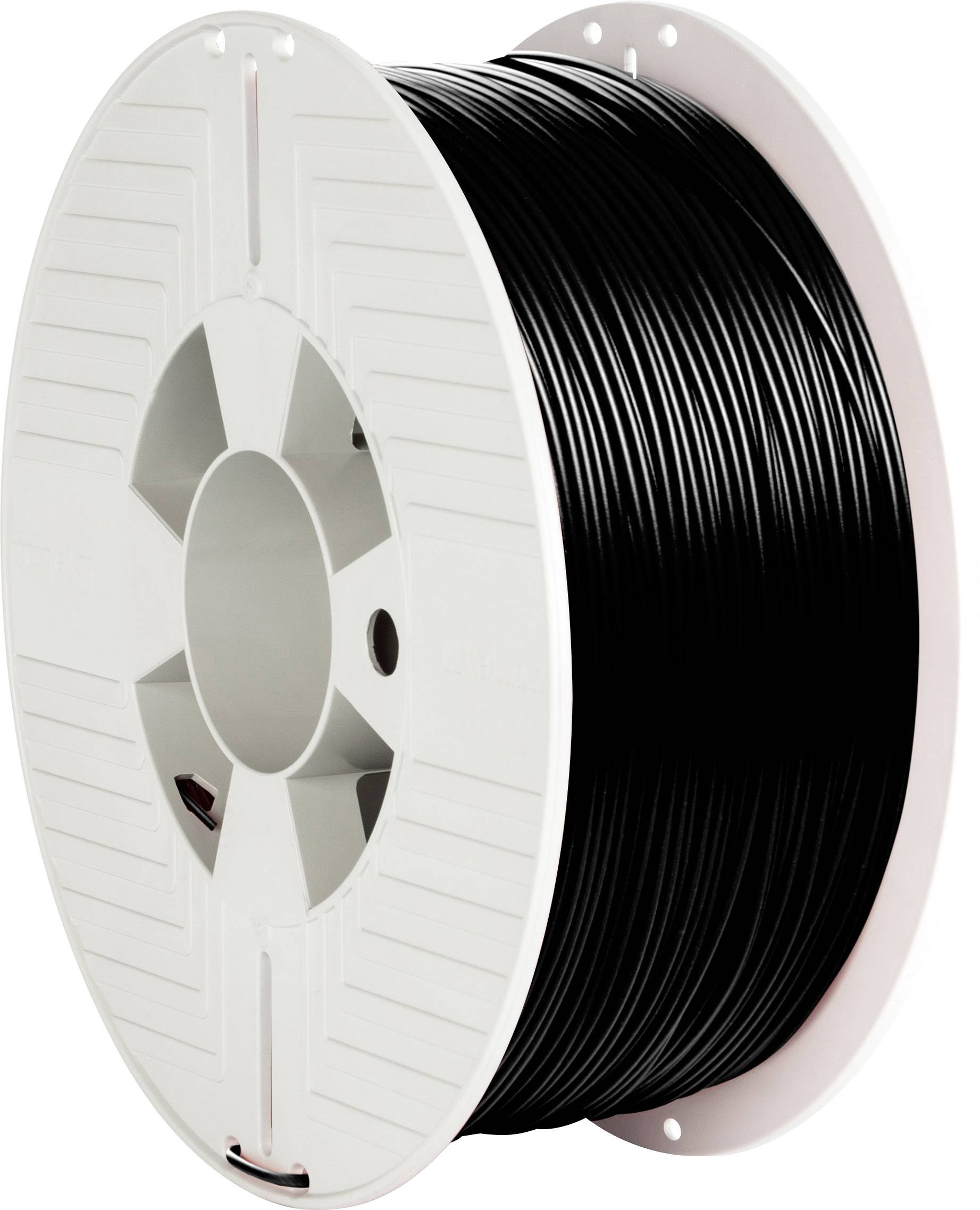 Eine große, weiße Plastikspule mit aufgewickeltem, schwarzem Filament. Geeignet fürs 3D-Drucken.