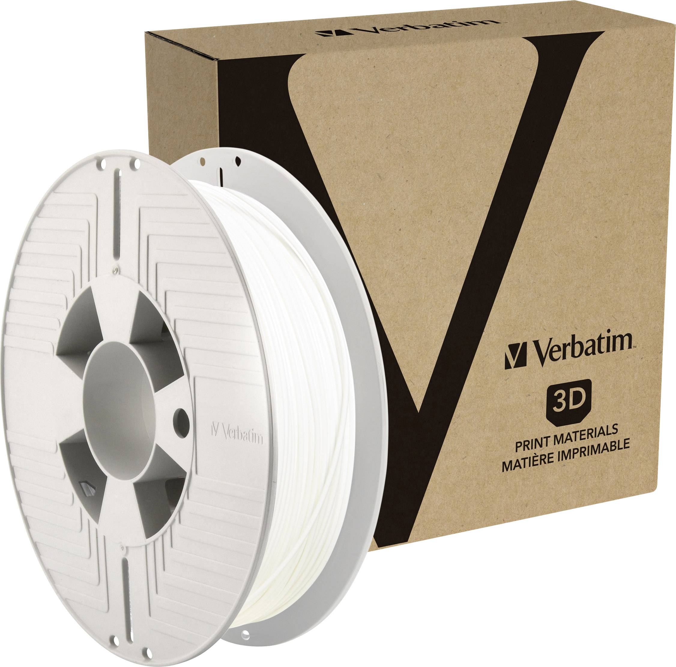 3D-Druckmaterial von Verbatim: Eine weiße Filamentrolle vor einer Verpackungsbox mit dem Verbatim-Logo.