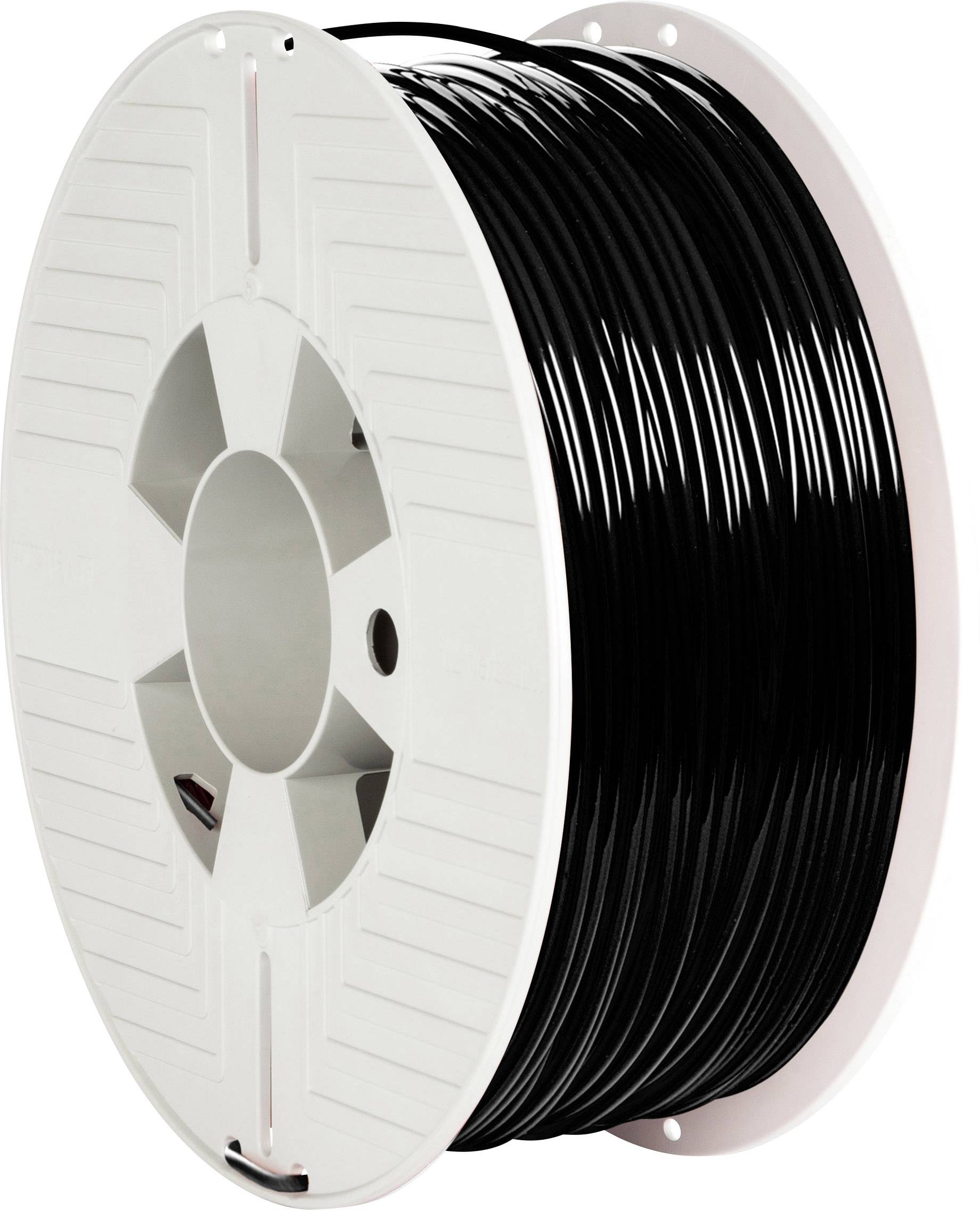 3D-Druckerfilament-Spule in Schwarz, auf Kunststoffhalterung, seitliche Ansicht.