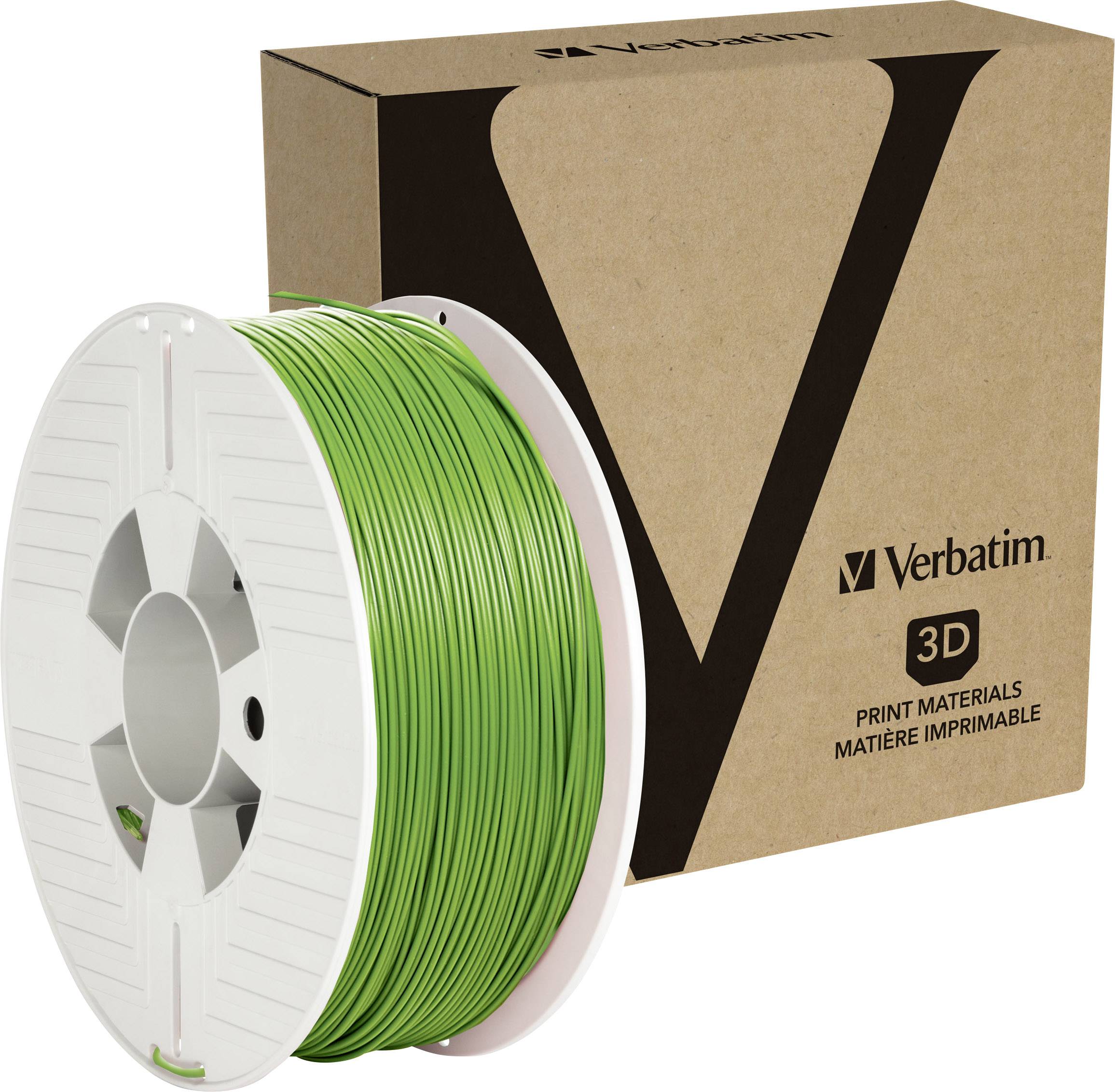 Grüne 3D-Drucker-Filamentrolle von Verbatim neben einer braunen Verpackung mit dem Logo.