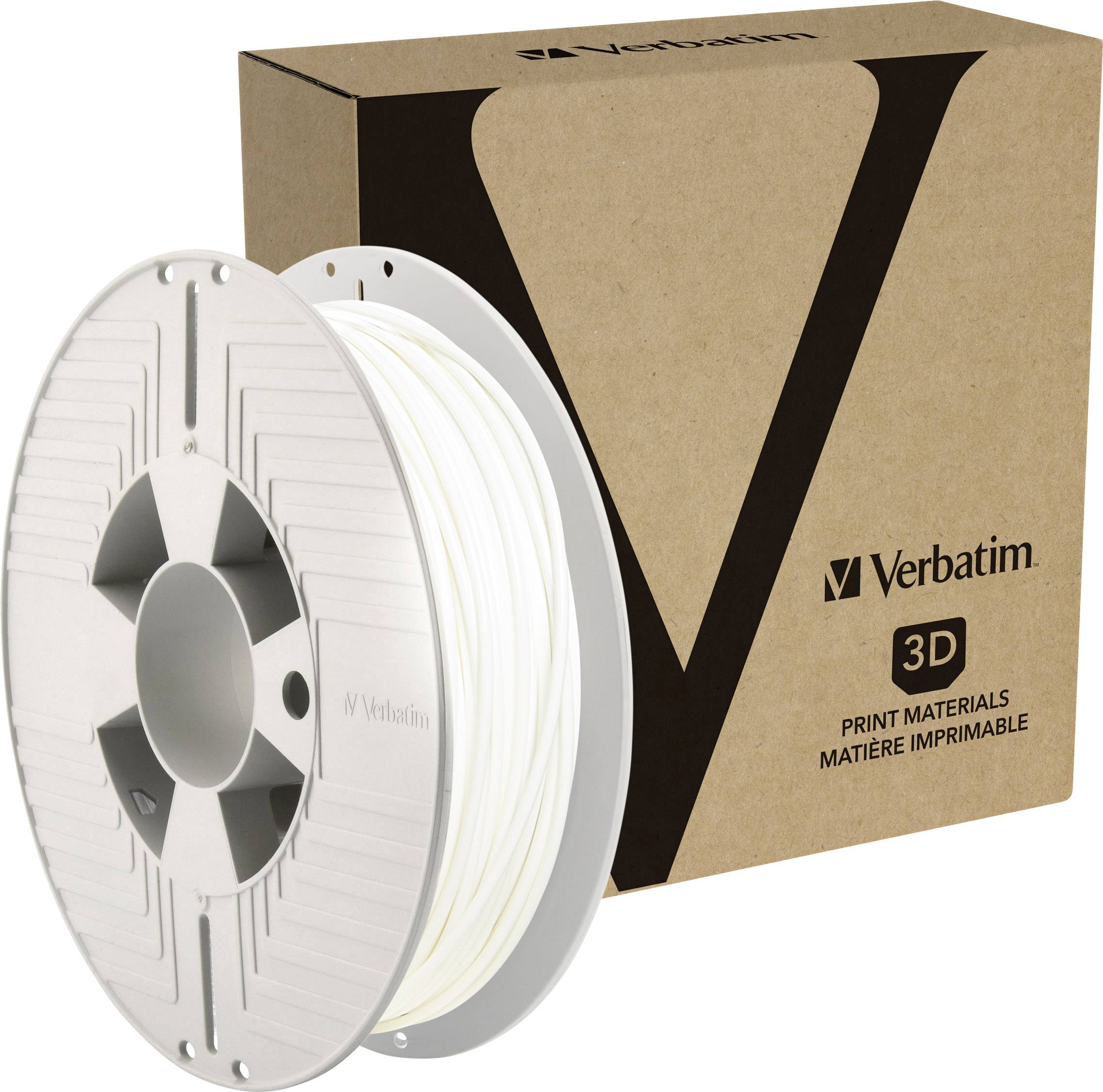 Die Abbildung zeigt eine Verbatim 3D-Druckfilamentrolle in Weiß vor einer Verpackung mit dem Verbatim-Logo und der Aufschrift '3D Print Materials'.