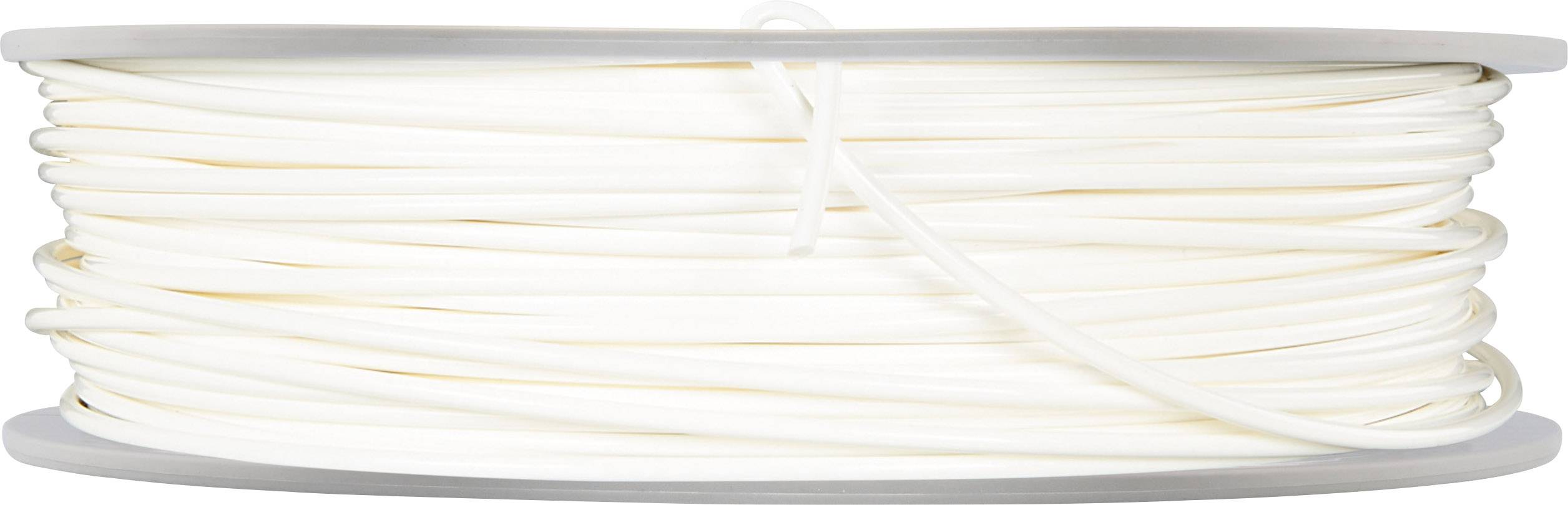 Eine weiße Kabelrolle, ordentlich aufgewickelt, liegt horizontal auf einer neutralen Fläche.