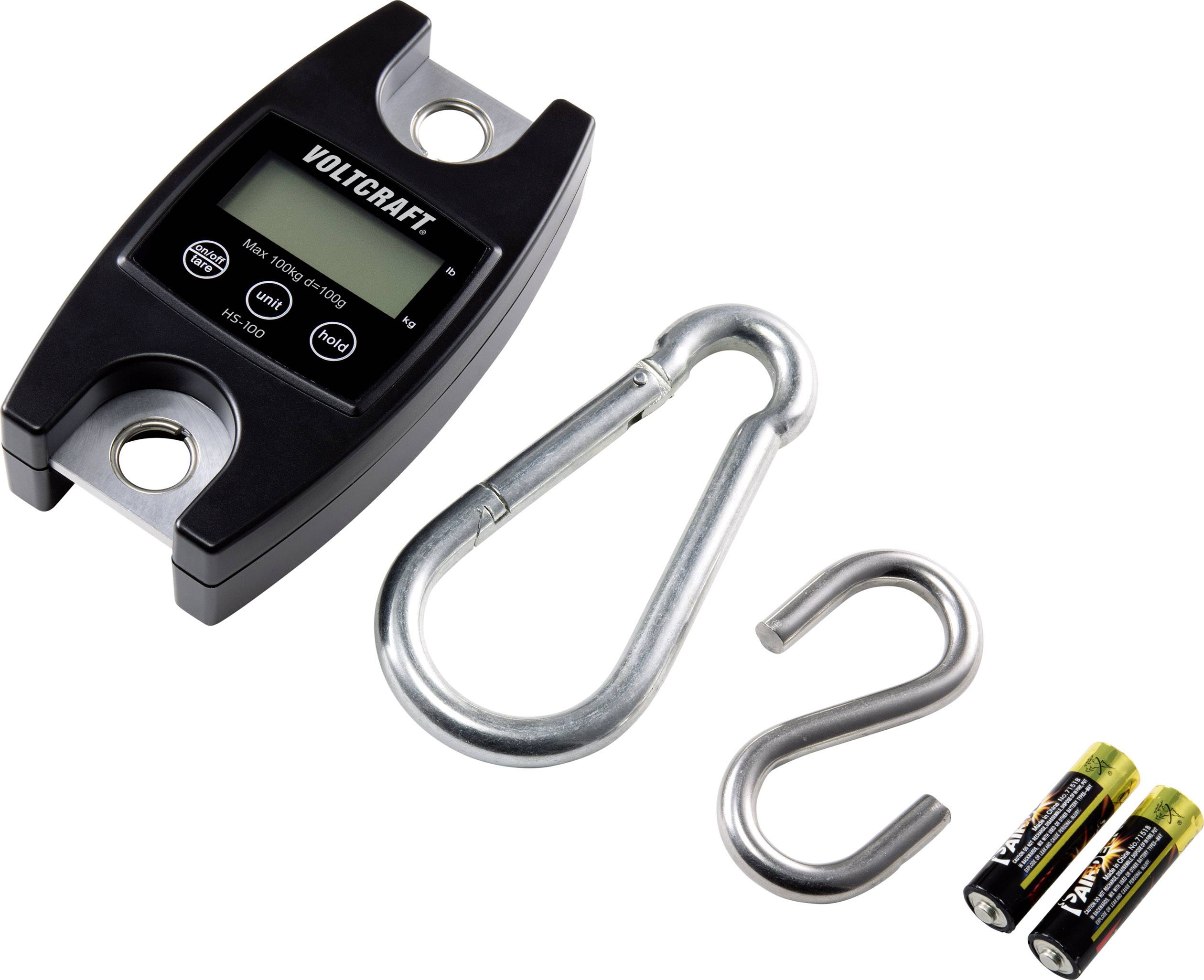 Elektronischer Kranwaage von VOLTCRAFT mit zwei Batterien, einem Haken und einem Karabiner. Display-Anzeige zeigt Gewicht.