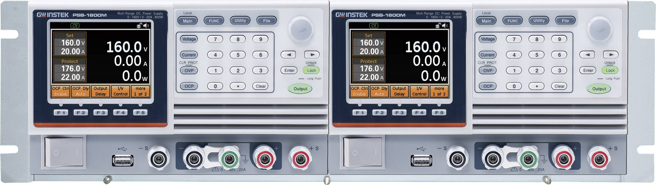 Ein Doppellaborgerät zur Messung mit zwei digitalen Displays, Knöpfen und Eingängen, zeigt Messwerte für Spannung und Strom an.