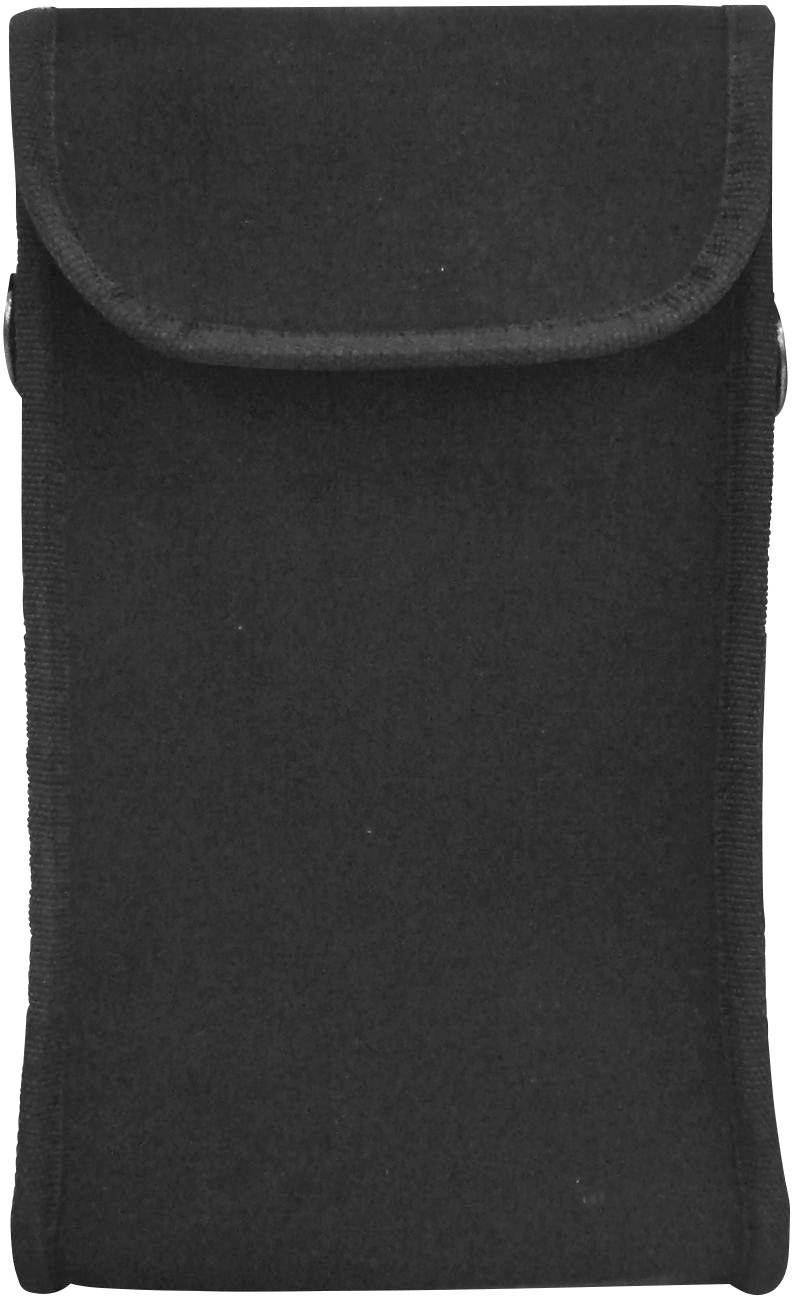 Schwarze Stofftasche mit Klappe, geeignet für den Transport kleiner Gegenstände.