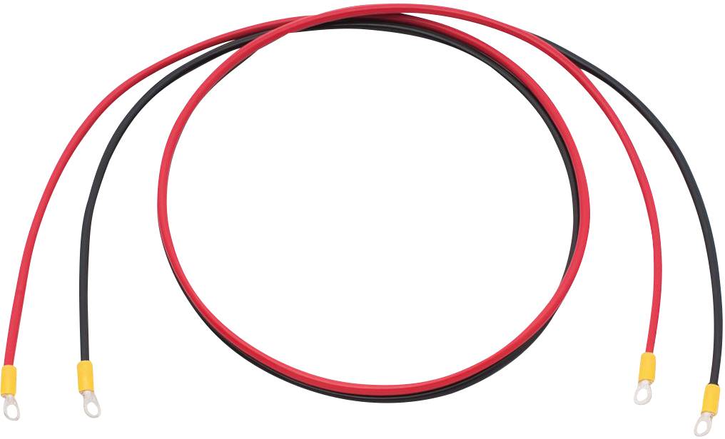 Zwei Kabel, ein rotes und ein schwarzes, mit gelben Anschlussklemmen an den Enden, liegen parallel nebeneinander.