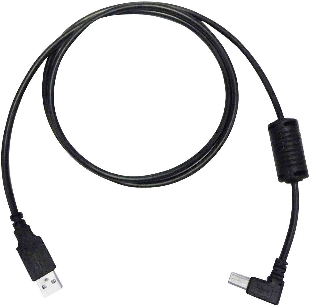 Ein schwarzes USB-Kabel mit einem USB-A-Stecker an einem Ende und einem gewinkelten Micro-USB-Stecker am anderen.