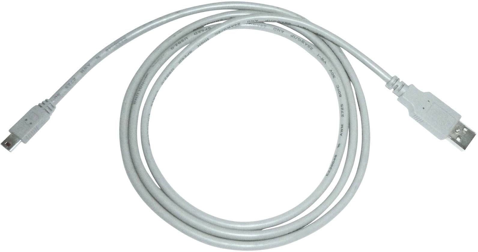 Ein weißes USB-Kabel mit einem USB-A-Stecker und einem Mini-USB-Stecker, in einem lockeren Kreis gelegt.