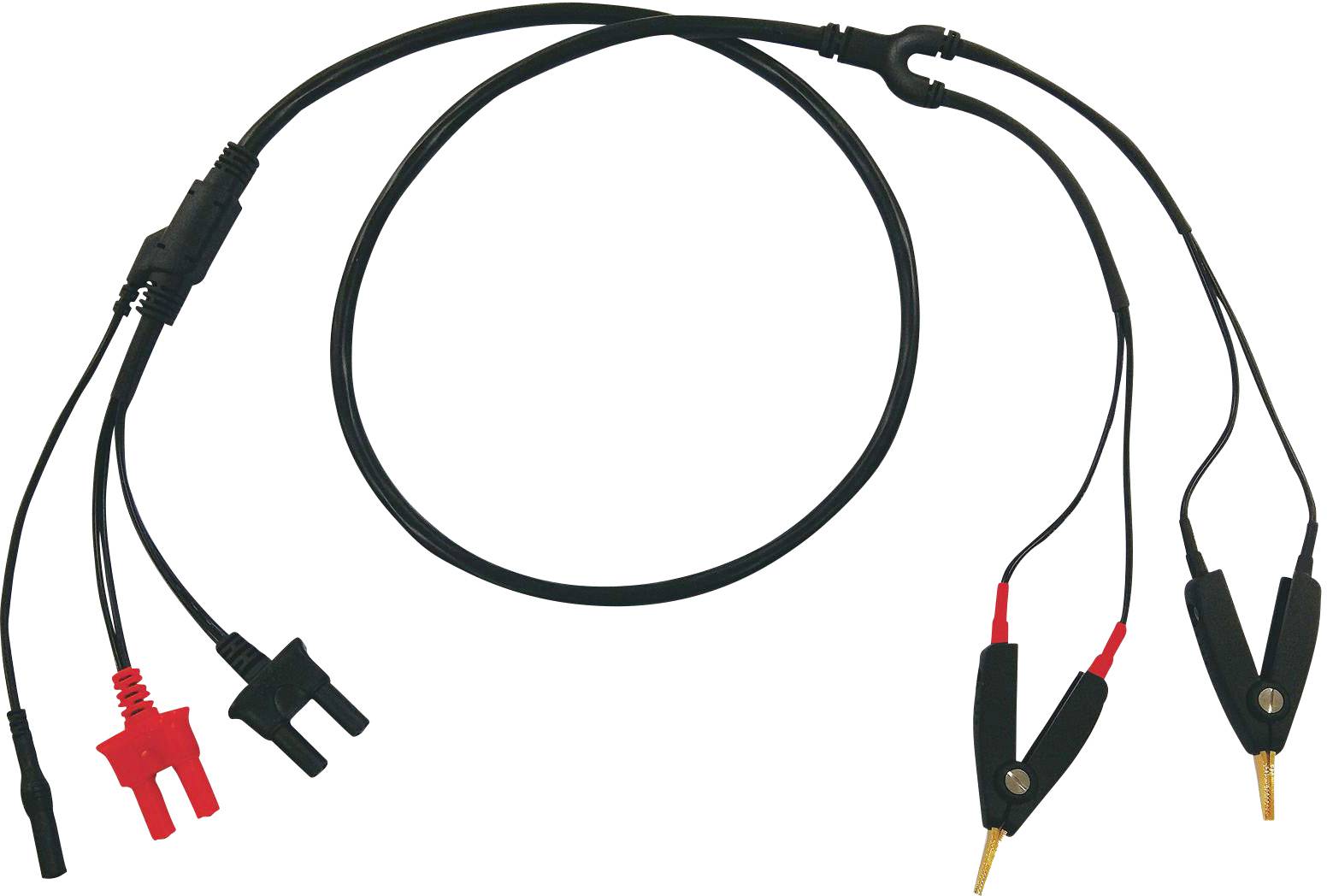 Ein Satz von Elektroprüfkabeln mit zwei Klemmen an jedem Ende, einer rot und einer schwarz, verbunden durch schwarze Kabel.