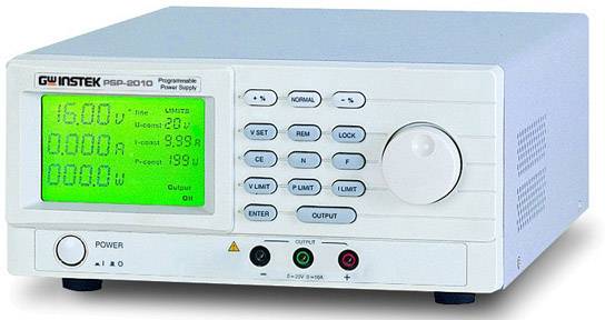 Ein programmierbares Netzteil mit Display, das 16 V Spannung, 3,99 A Strom und 199 W Leistung anzeigt, mit mehreren Steuertasten.