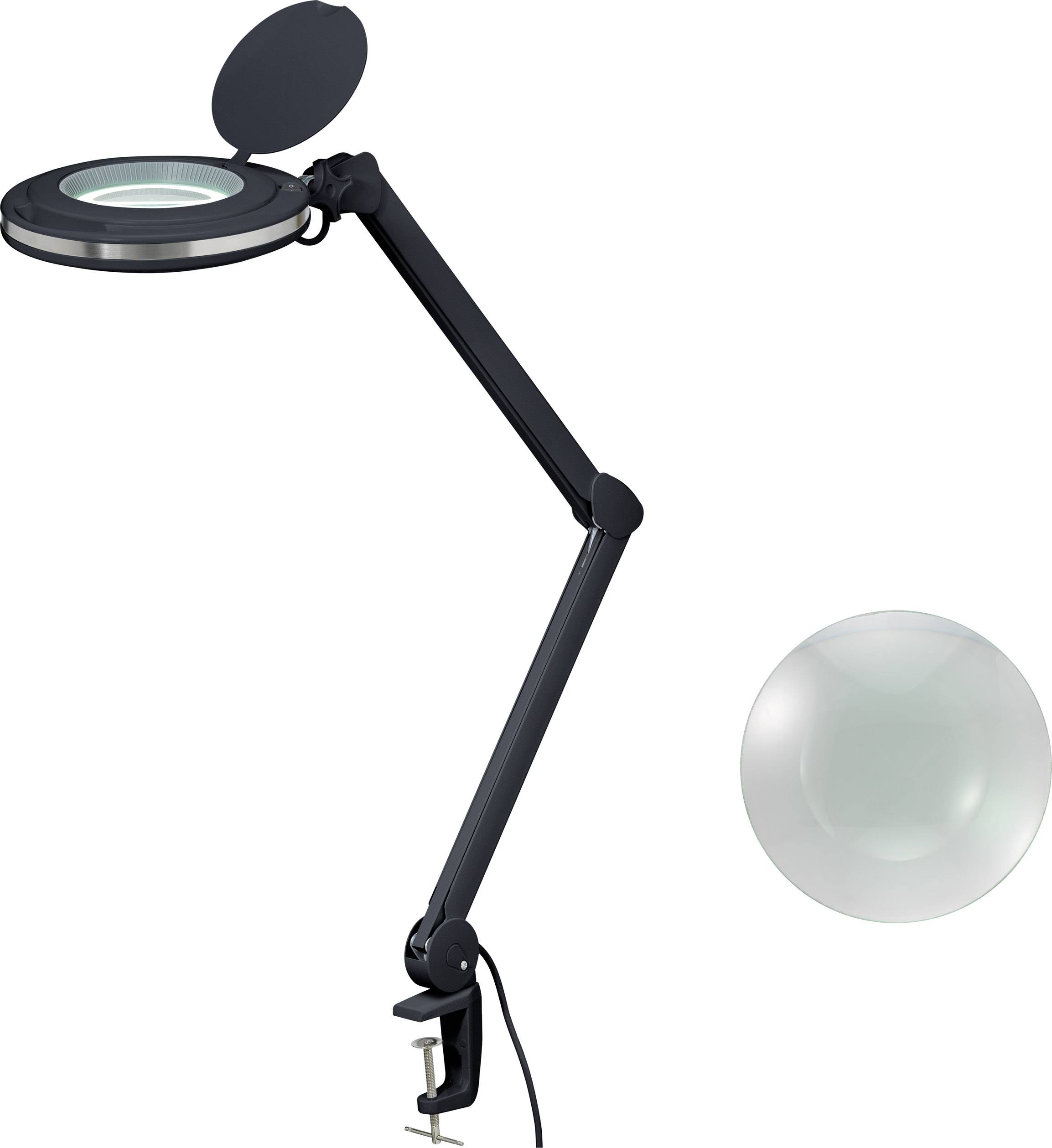 Eine schwarze Schreibtischlampe mit verstellbarem Arm und Lupe, daneben eine lose Linse. Ideal für detaillierte Arbeiten.