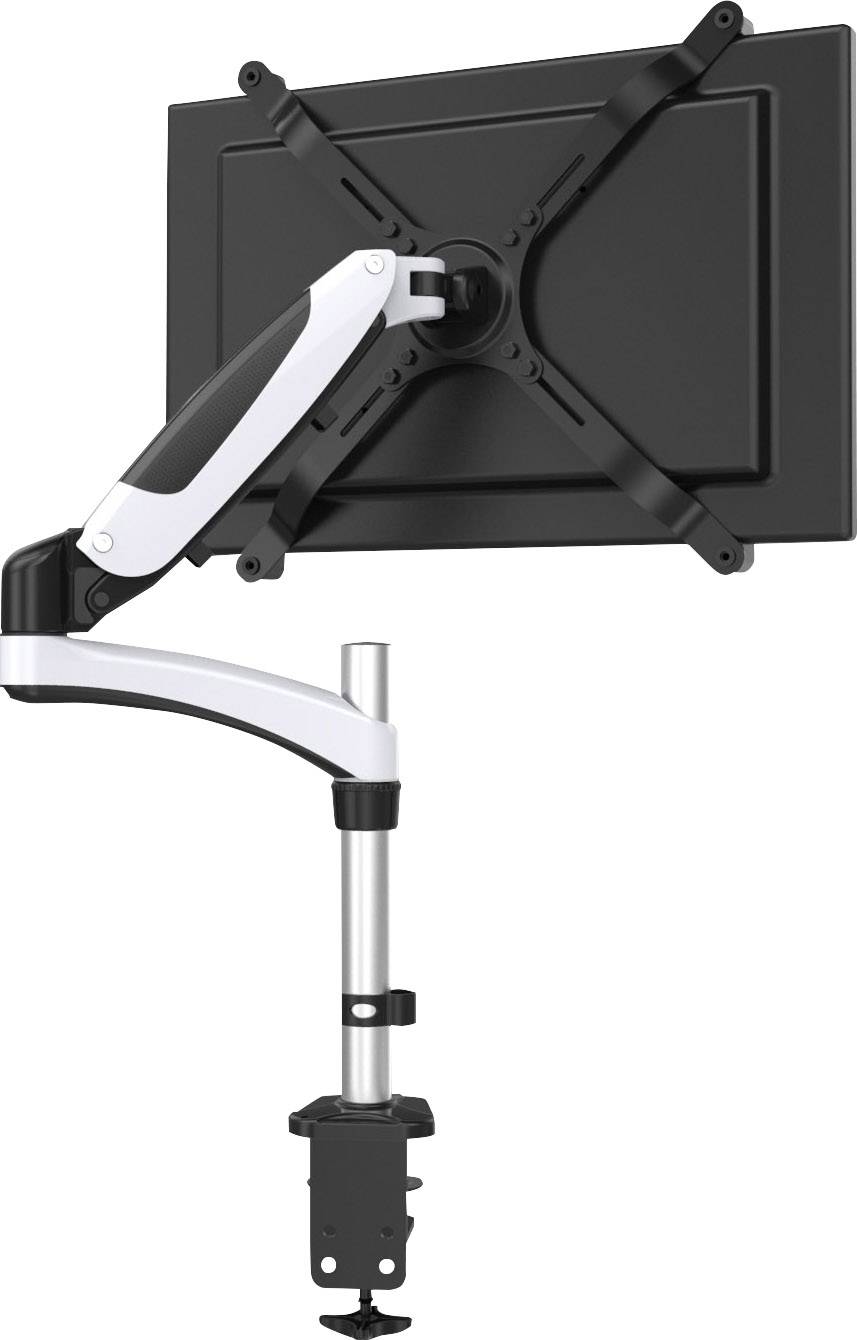 Monitorhalterung mit verstellbarem Arm, der an einem Schreibtisch befestigt ist, ermöglicht flexible Bildschirmpositionierung.