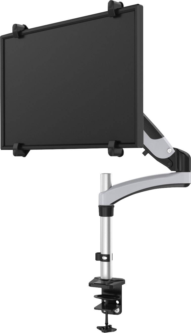 Monitorarm mit Halterung. Einstellbar in Höhe und Neigung, geeignet zur Befestigung an einem Tisch.