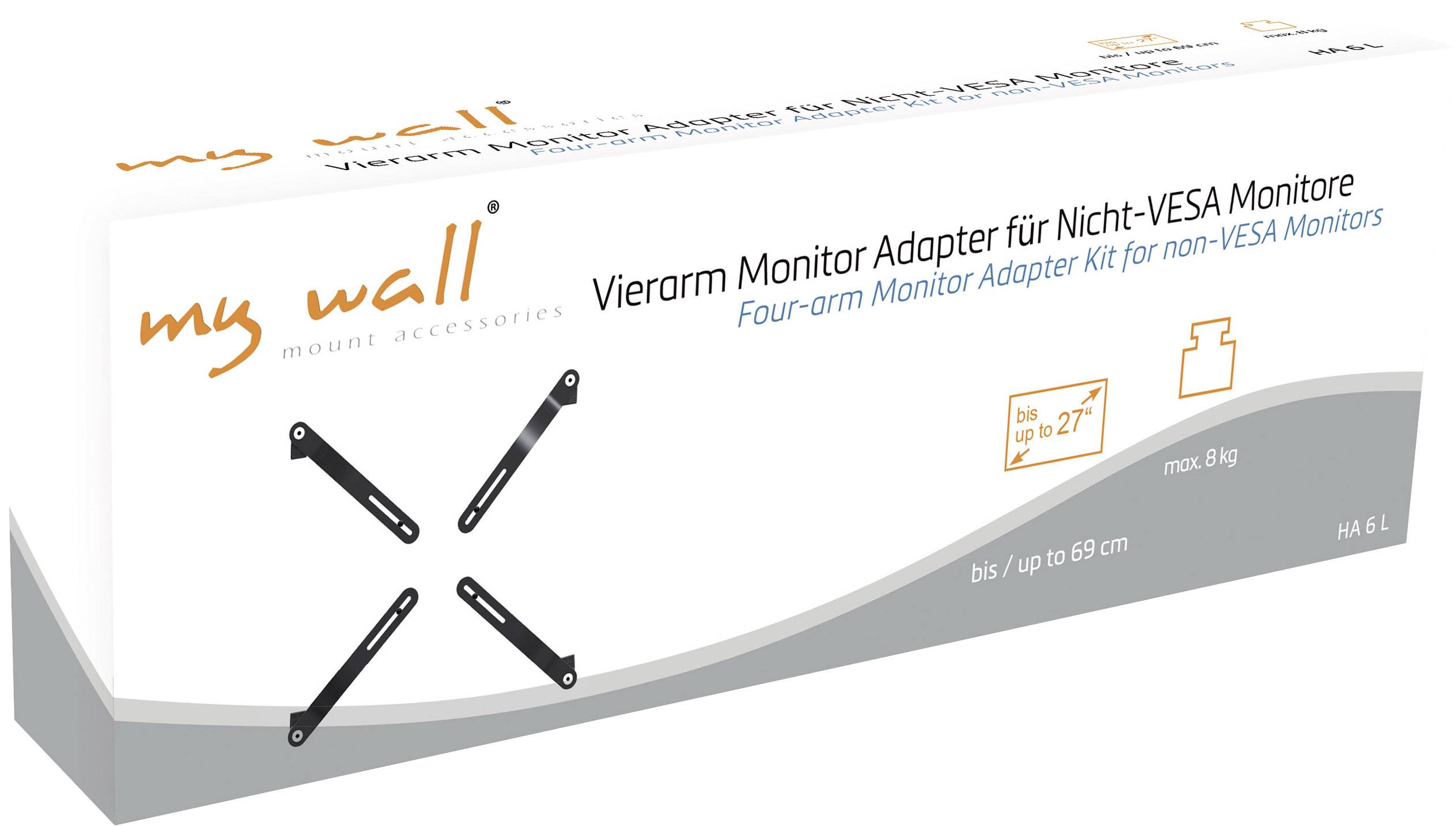 Verpackung eines Vierarm Monitoradapters für Nicht-VESA Monitore bis 27 Zoll, max. 8 kg. Marke 'my wall', inkl. Zubehörabbildungen.