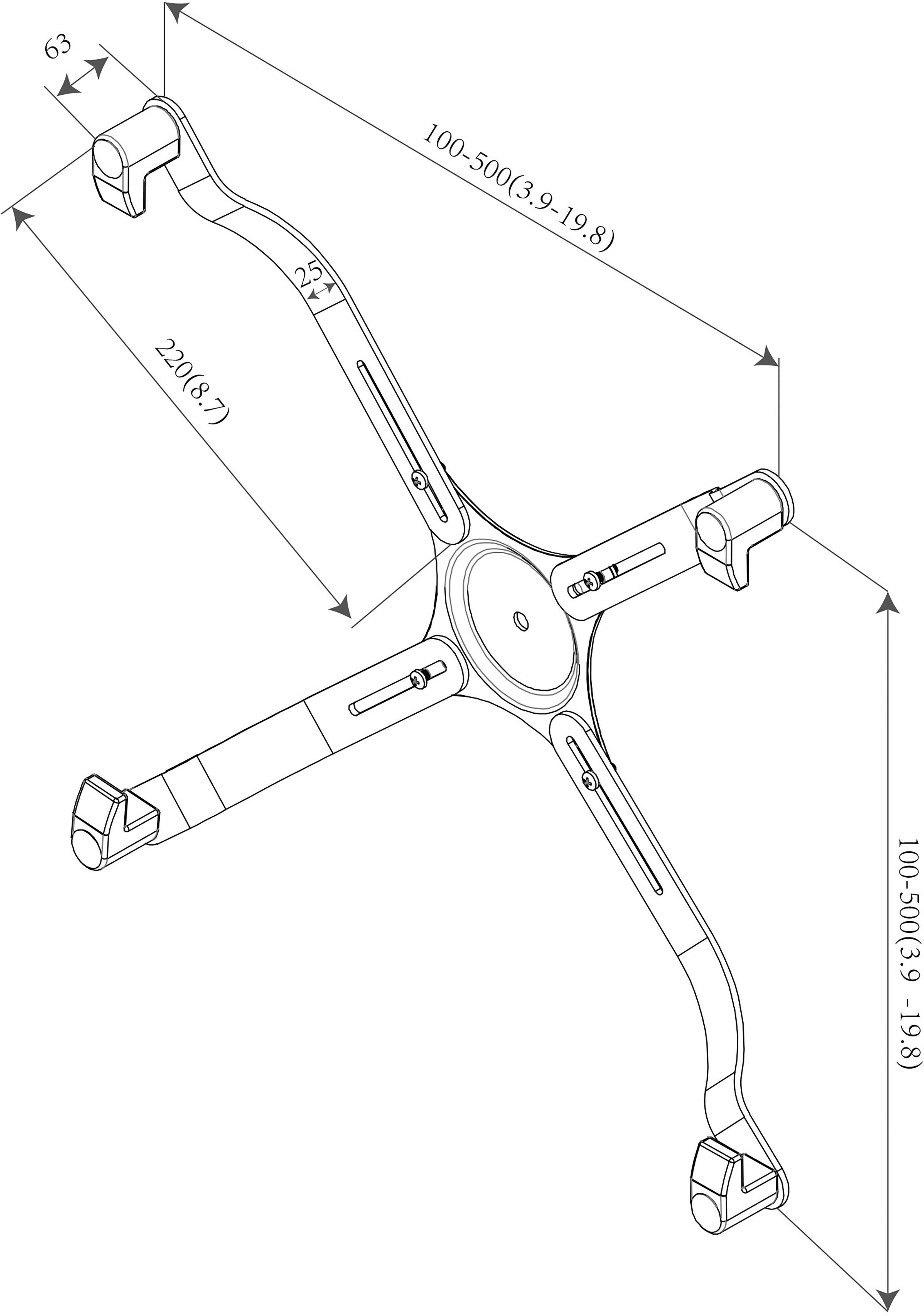 Isometrische technische Zeichnung eines kreuzförmigen Teils mit detaillierten Bemaßungen, zeigt spezifische Winkel und Längenangaben.