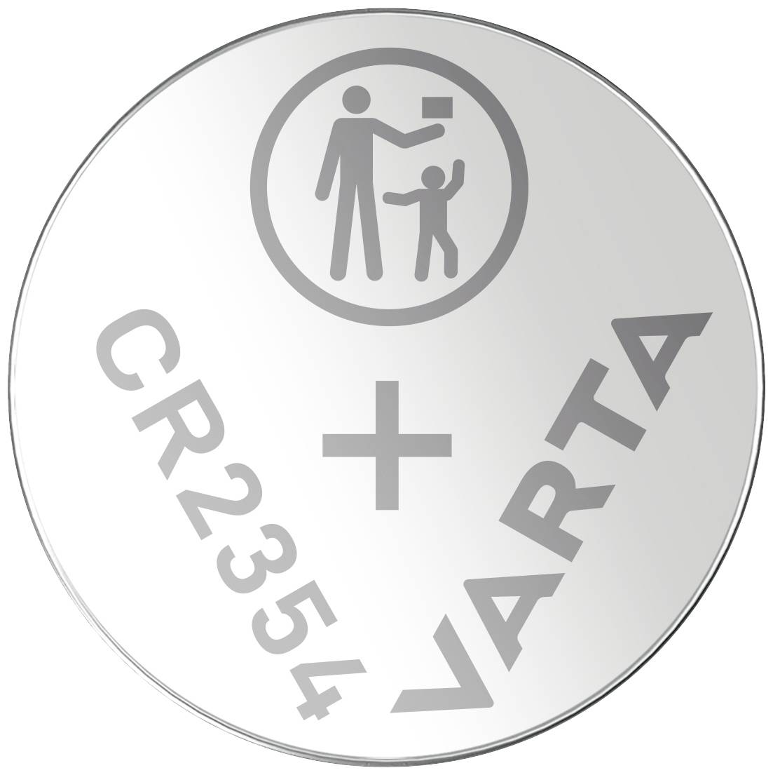 'Varta'-Knopfzelle mit der Kennzeichnung 'CR2354', Symbol zeigt Kindersicherheitswarnung, Silbermetall mit Pluszeichen.