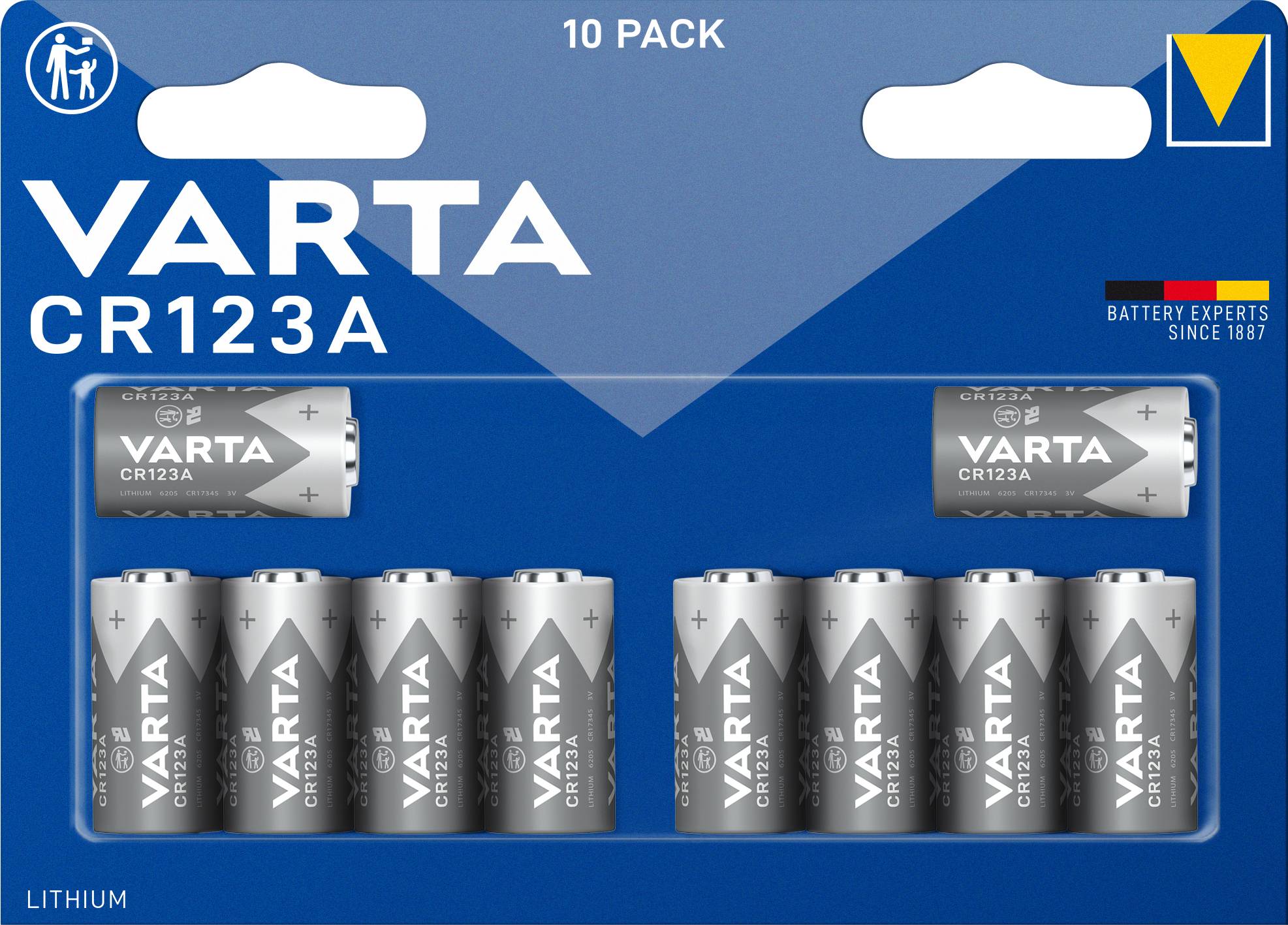 Eine Packung mit zehn Lithium-Batterien der Marke Varta CR123A, in einer blauen Verpackung mit Markenlogo und der Aufschrift 'Battery Experts Since 1887'.