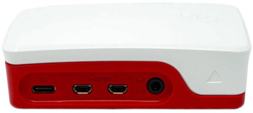 Ein roter und weißer elektronischer Adapter mit HDMI- und USB-Anschlüssen, geeignet für die Verbindung externer Geräte.